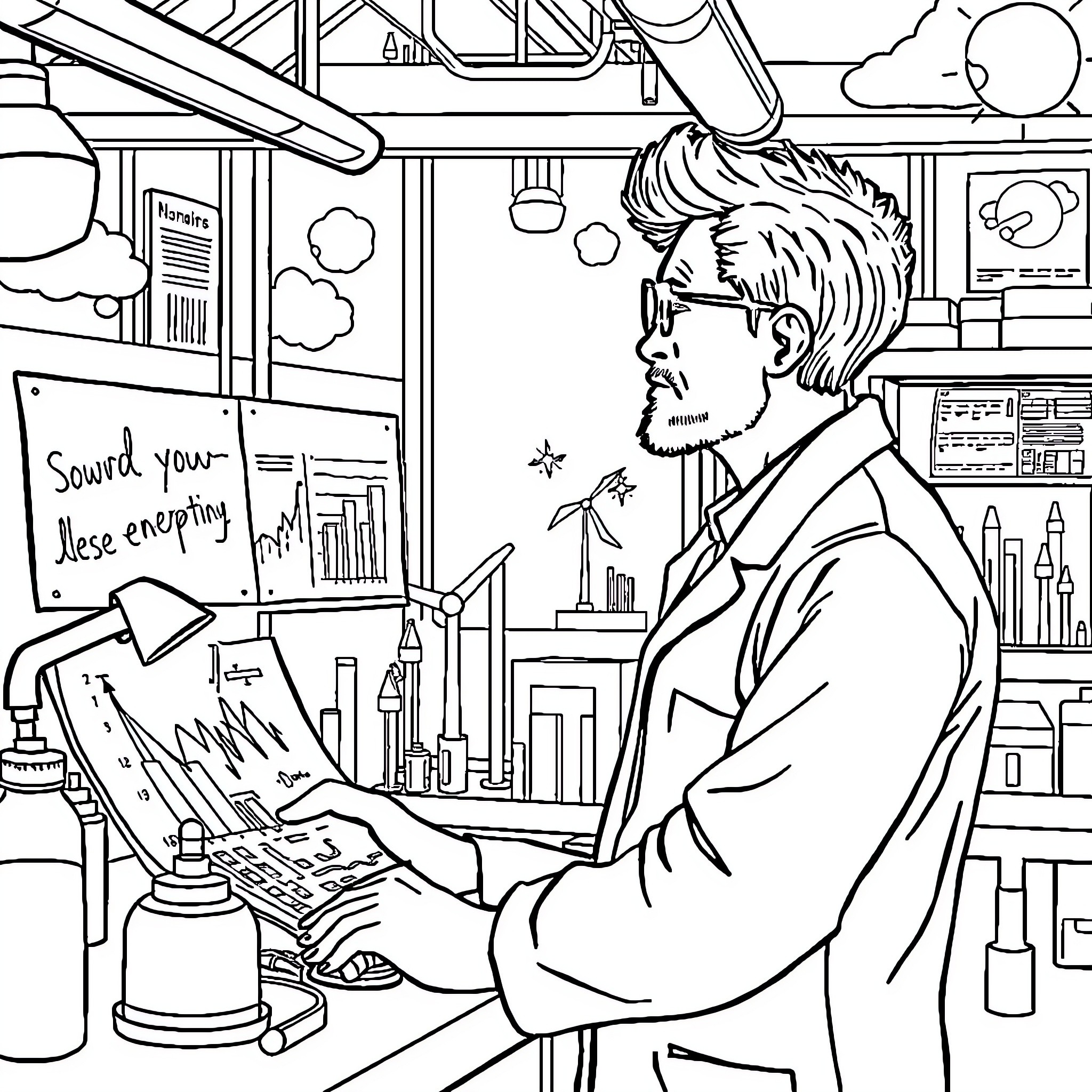 Scientist working intently at computer in research lab Coloring Page (free black-and-white line drawing printable PDF for all, from beginners to advanced learners, including children, teens, adults, and seniors)