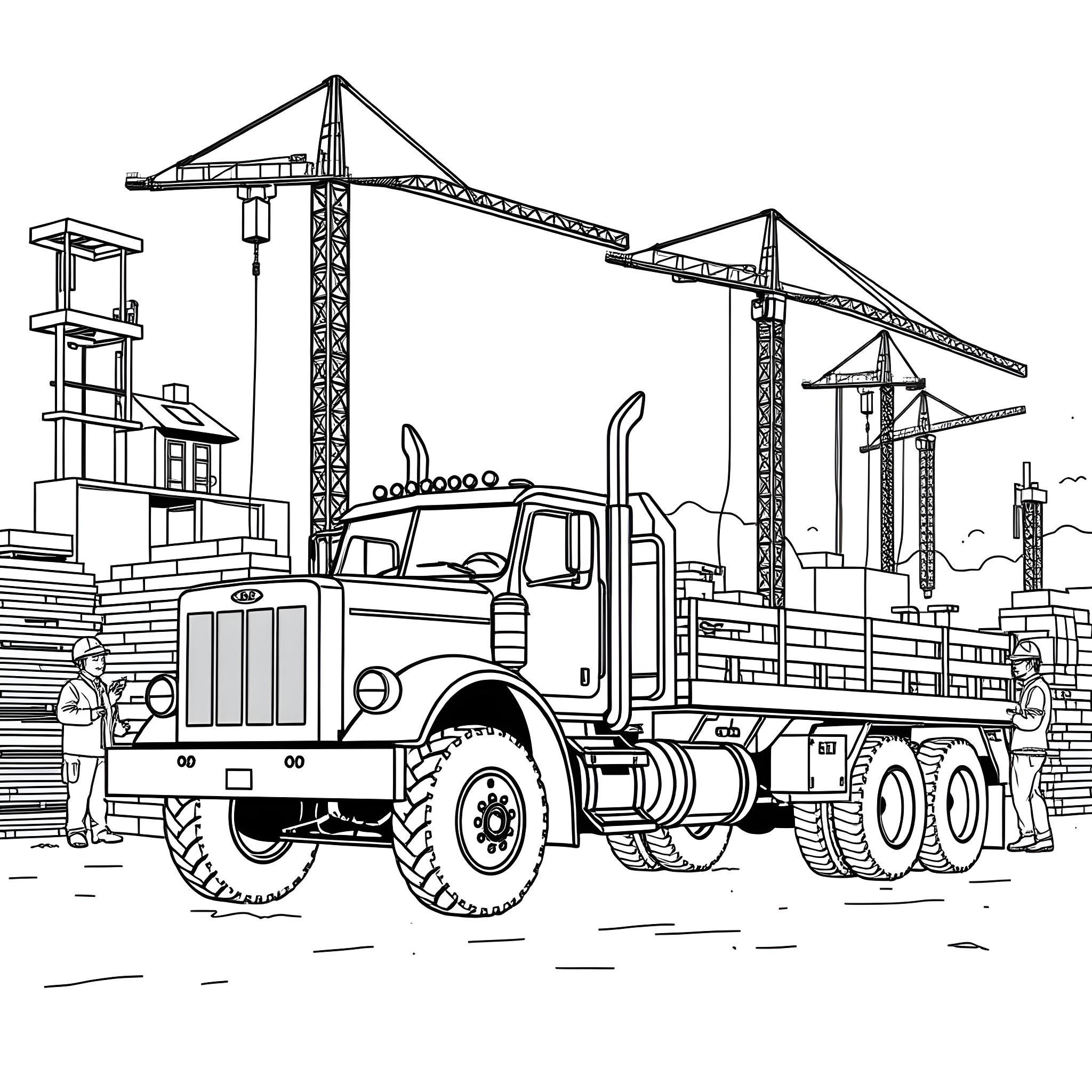 Flatbed truck transporting materials at construction site Coloring Page (free black-and-white line drawing printable PDF for all, from beginners to advanced learners, including children, teens, adults, and seniors)