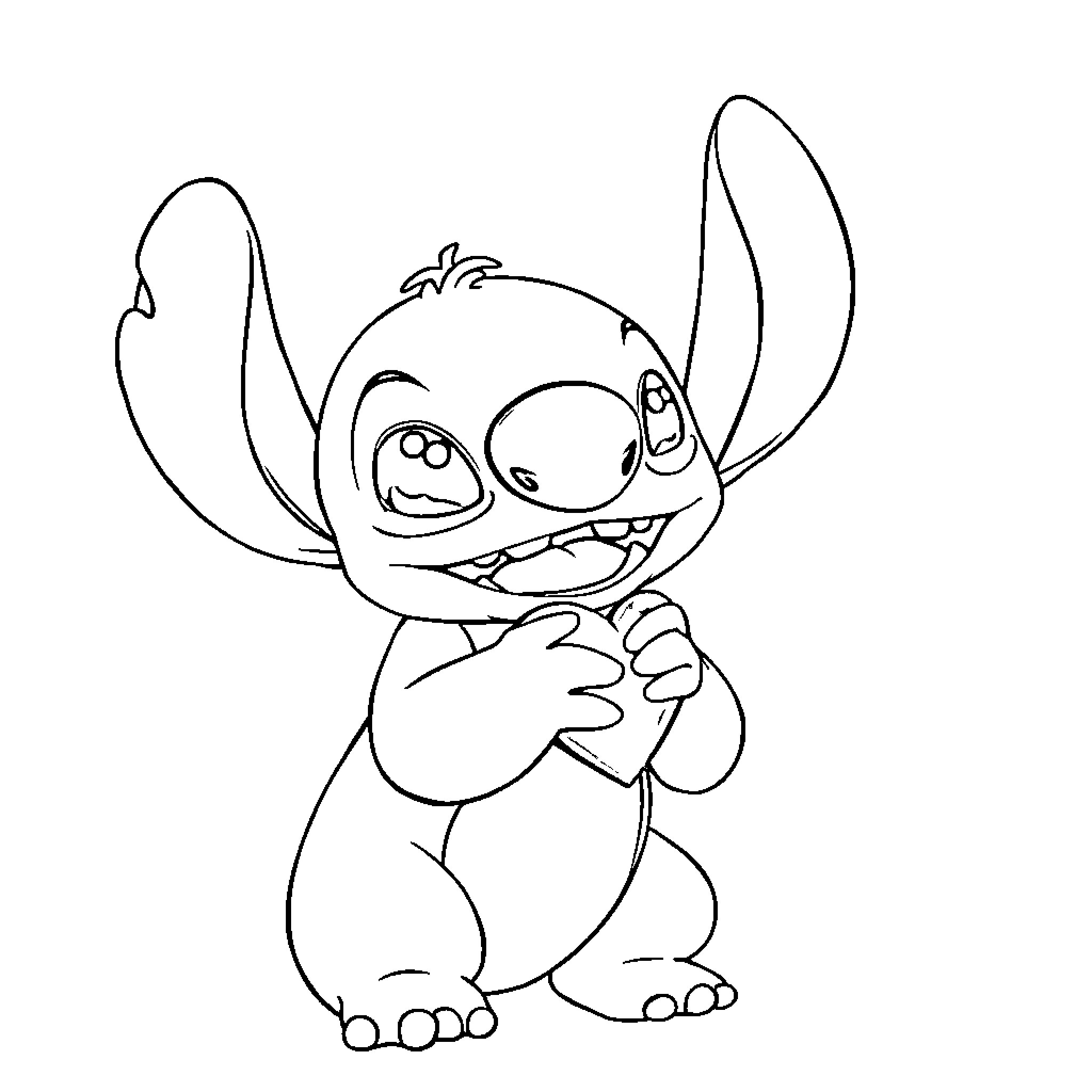 Stitch waving and smiling excitedly Coloring Page (free black-and-white line drawing printable PDF for all, from beginners to advanced learners, including children, teens, adults, and seniors)