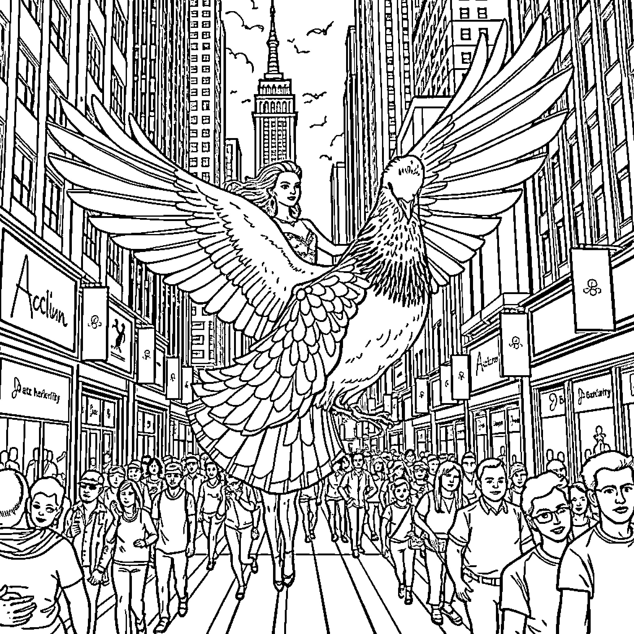 Woman with angelic wings soaring over a bustling city street Coloring Page (free black-and-white line drawing printable PDF for all, from beginners to advanced learners, including children, teens, adults, and seniors)