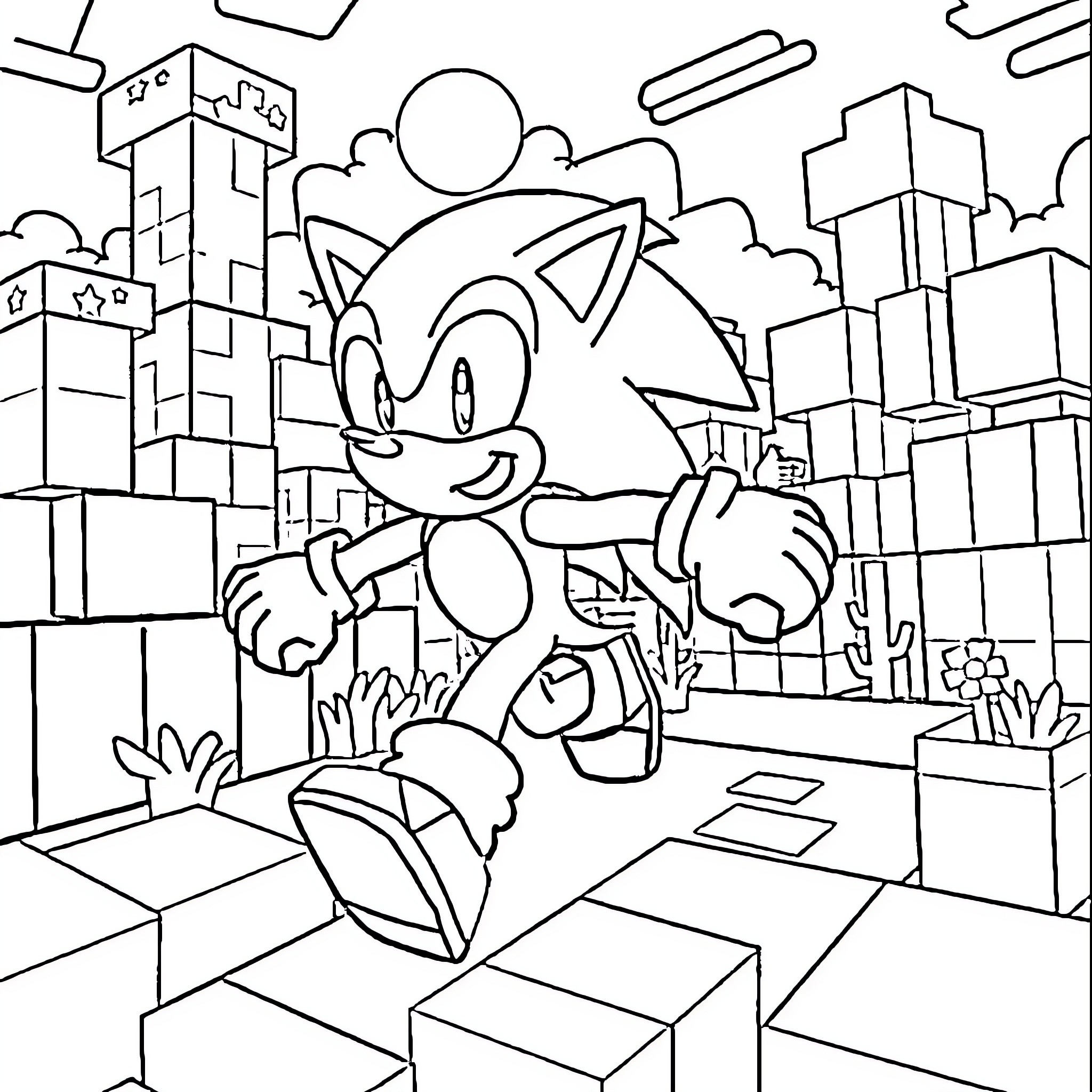 Minecraft Sonic the Hedgehog in the City Landscape Coloring Page (free black-and-white line drawing printable PDF for all, from beginners to advanced learners, including children, teens, adults, and seniors)
