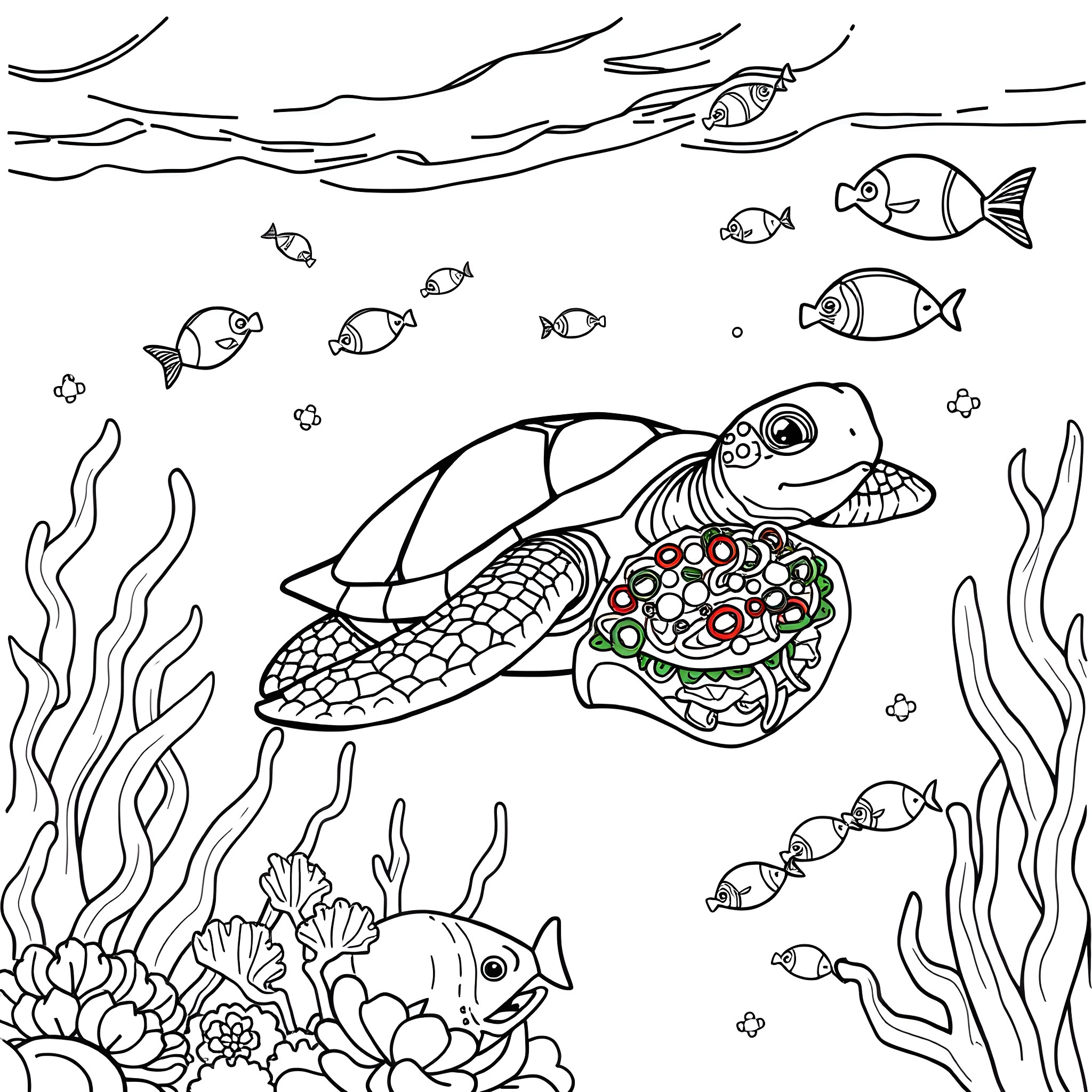 Turtle exploring vibrant underwater world with diverse marine life Coloring Page (free black-and-white line drawing printable PDF for all, from beginners to advanced learners, including children, teens, adults, and seniors)