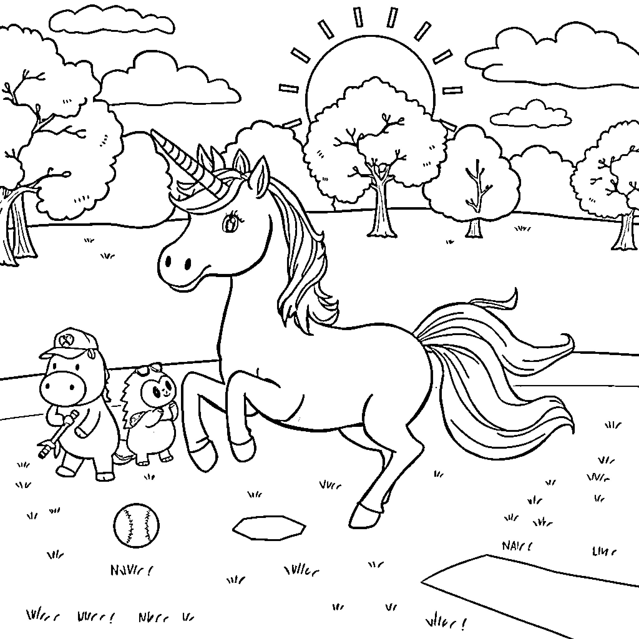 Unicorn playing with cartoon animals in nature Coloring Page (free black-and-white line drawing printable PDF for all, from beginners to advanced learners, including children, teens, adults, and seniors)