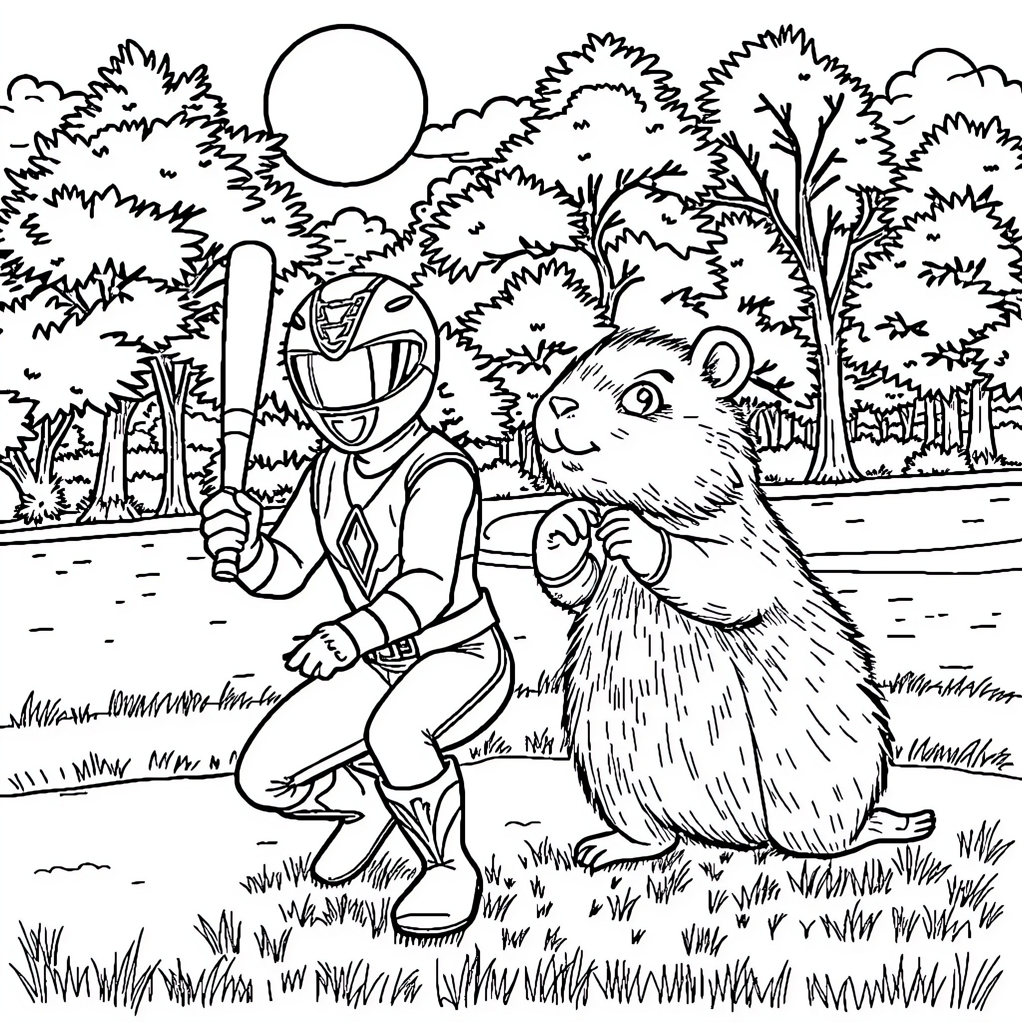 Power Ranger Encounters Curious Woodland Creature Coloring Page (free black-and-white line drawing printable PDF for all, from beginners to advanced learners, including children, teens, adults, and seniors)