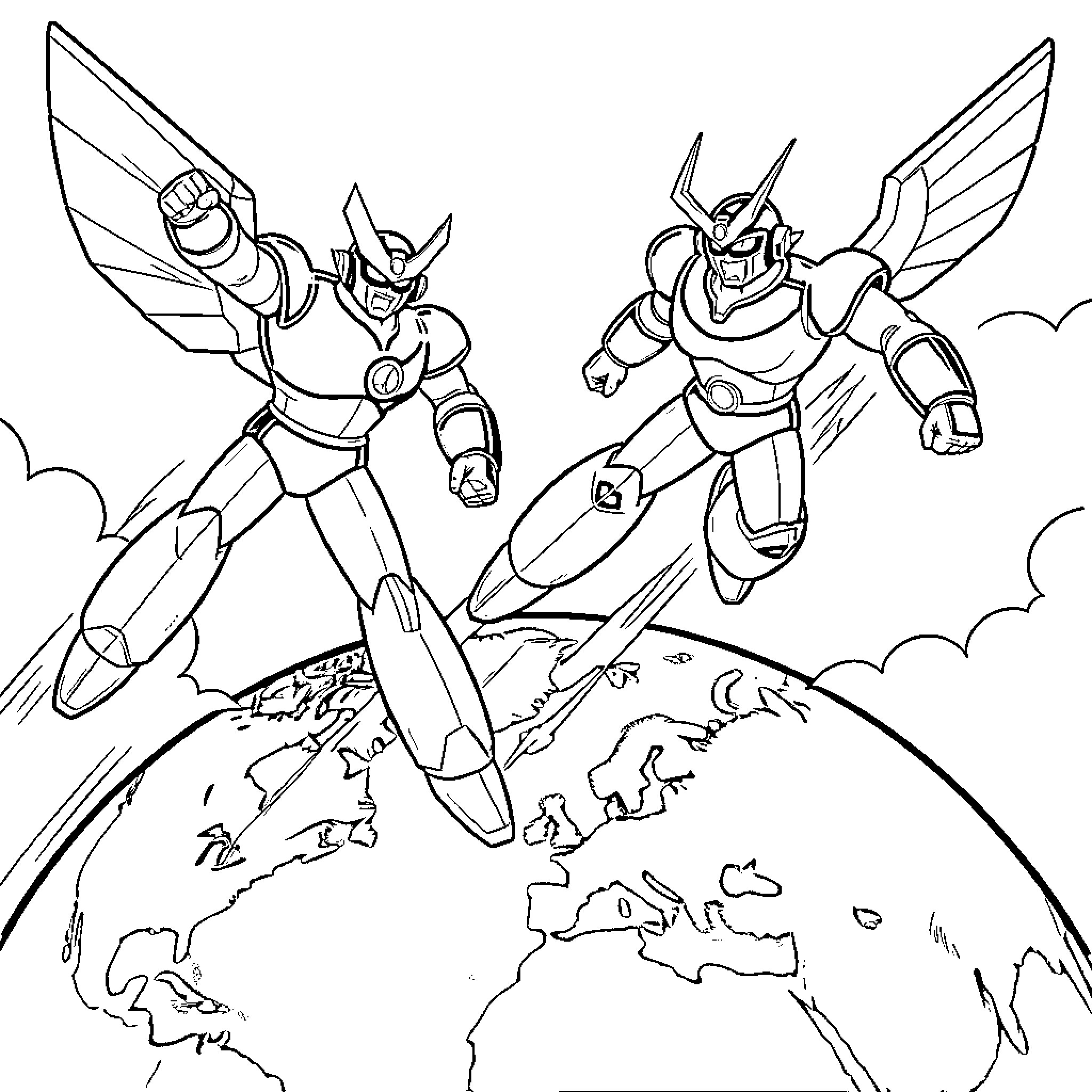 Goldorak flying heroically above the Earth Coloring Page (free black-and-white line drawing printable PDF for all, from beginners to advanced learners, including children, teens, adults, and seniors)