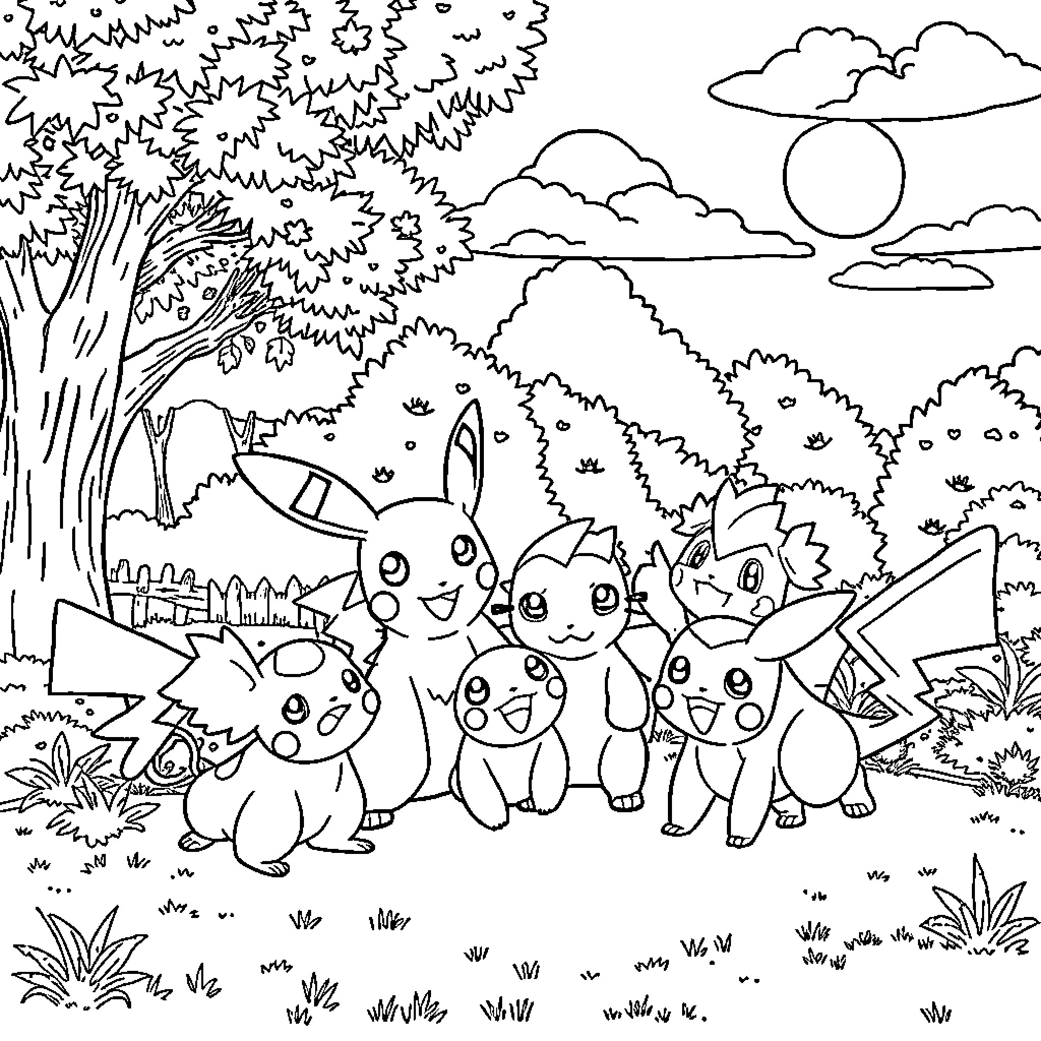 Pokémon characters exploring the forest landscape Coloring Page (free black-and-white line drawing printable PDF for all, from beginners to advanced learners, including children, teens, adults, and seniors)
