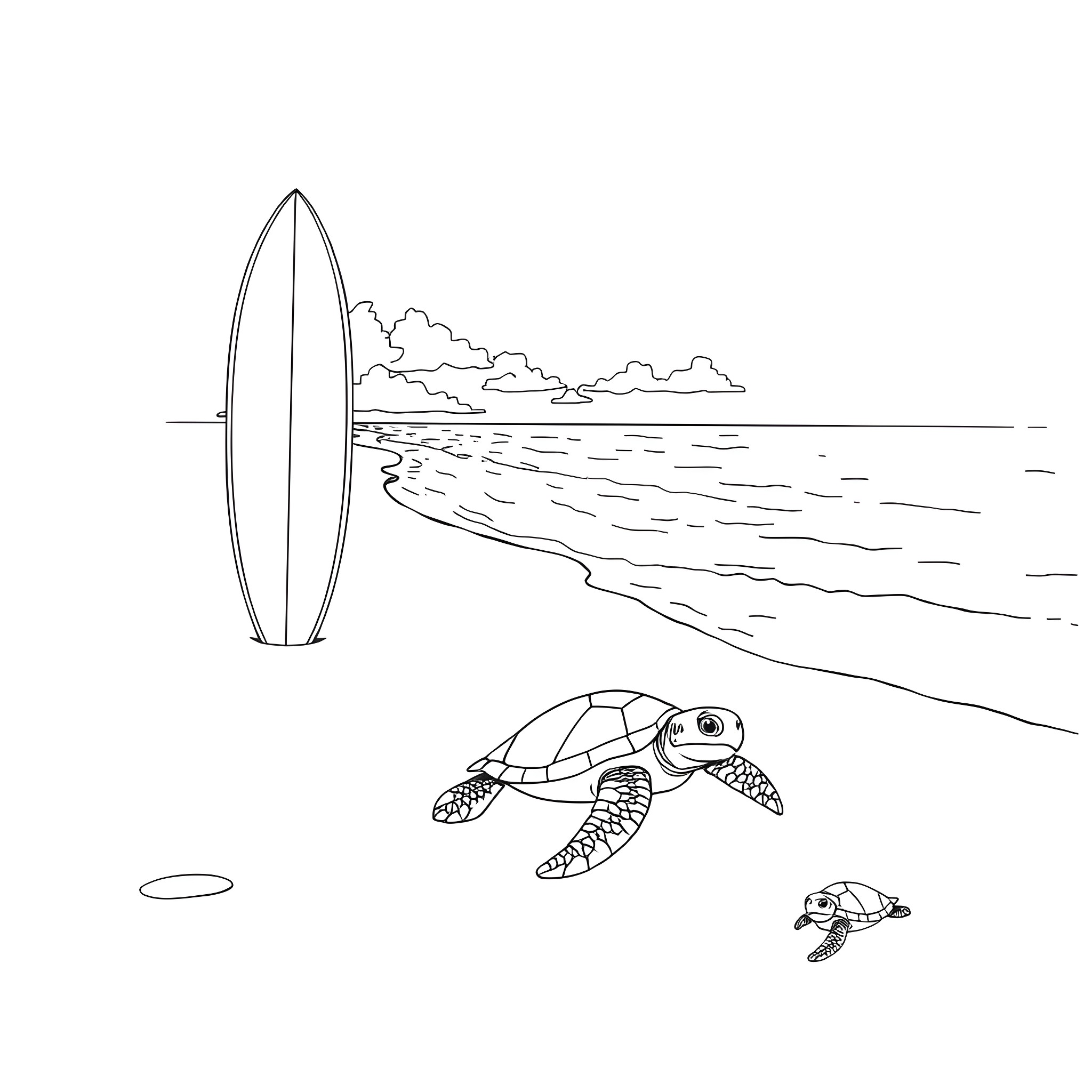 Turtle surfing on the waves Coloring Page (free black-and-white line drawing printable PDF for all, from beginners to advanced learners, including children, teens, adults, and seniors)