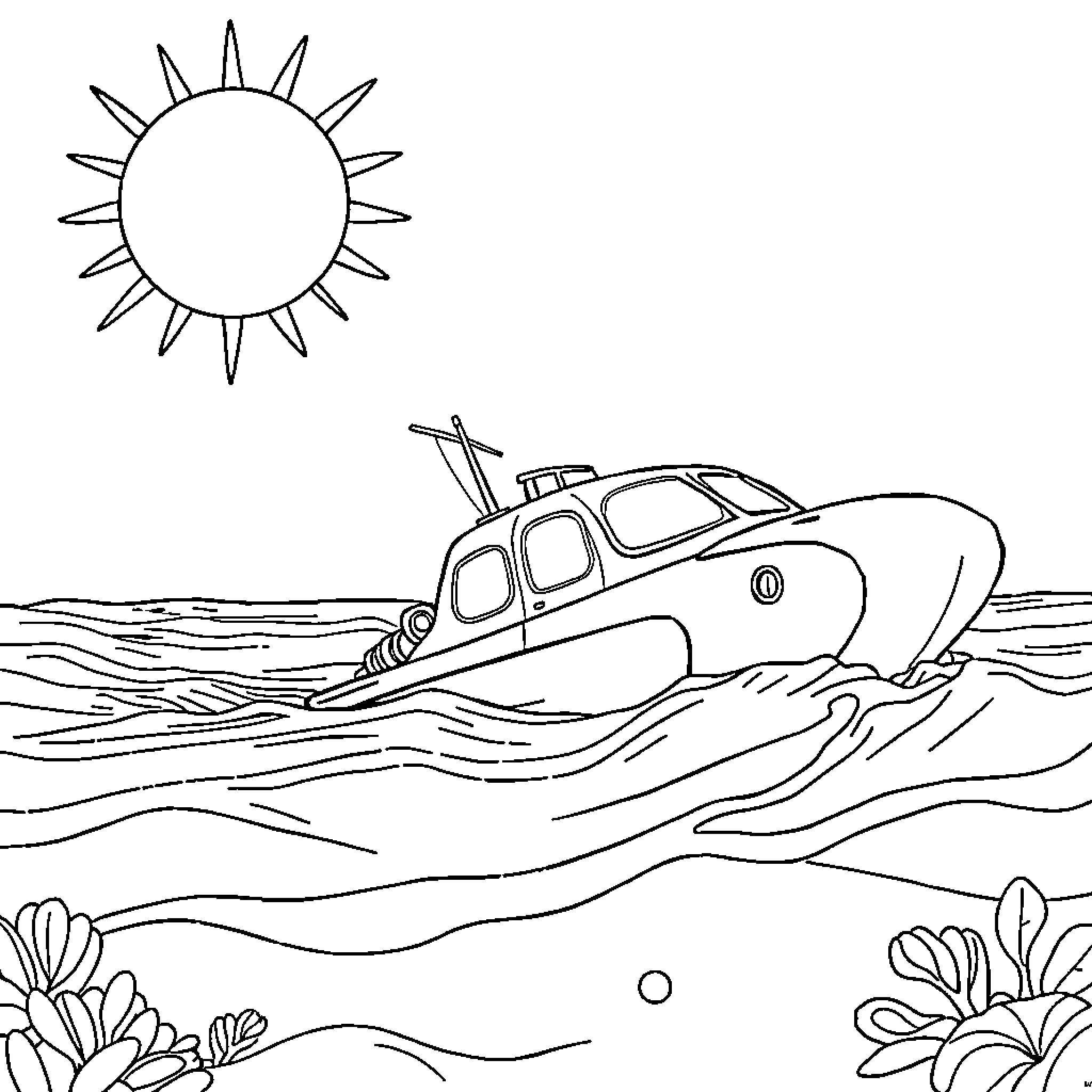Amphibious Car Navigating Aquatic Landscape Coloring Page (free black-and-white line drawing printable PDF for all, from beginners to advanced learners, including children, teens, adults, and seniors)