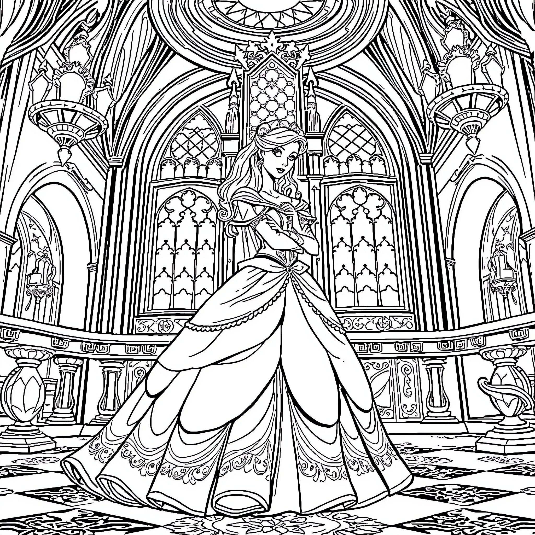 Princess in Magnificent Palace Coloring Page (free black-and-white line drawing printable PDF for all, from beginners to advanced learners, including children, teens, adults, and seniors)
