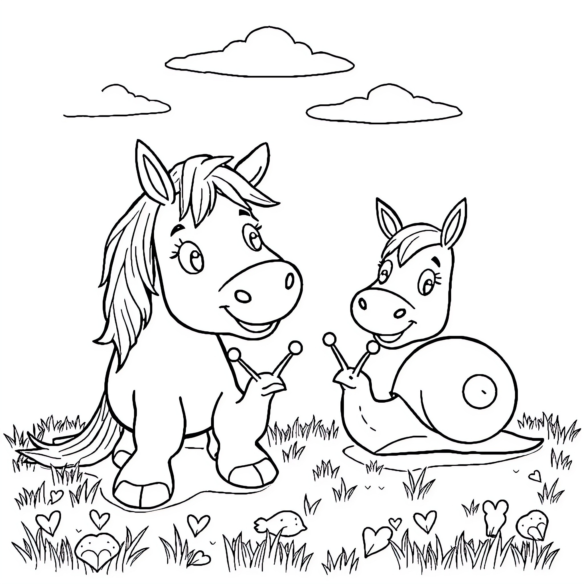 Snail and horse playing together in the meadow Coloring Page (free black-and-white line drawing printable PDF for all, from beginners to advanced learners, including children, teens, adults, and seniors)