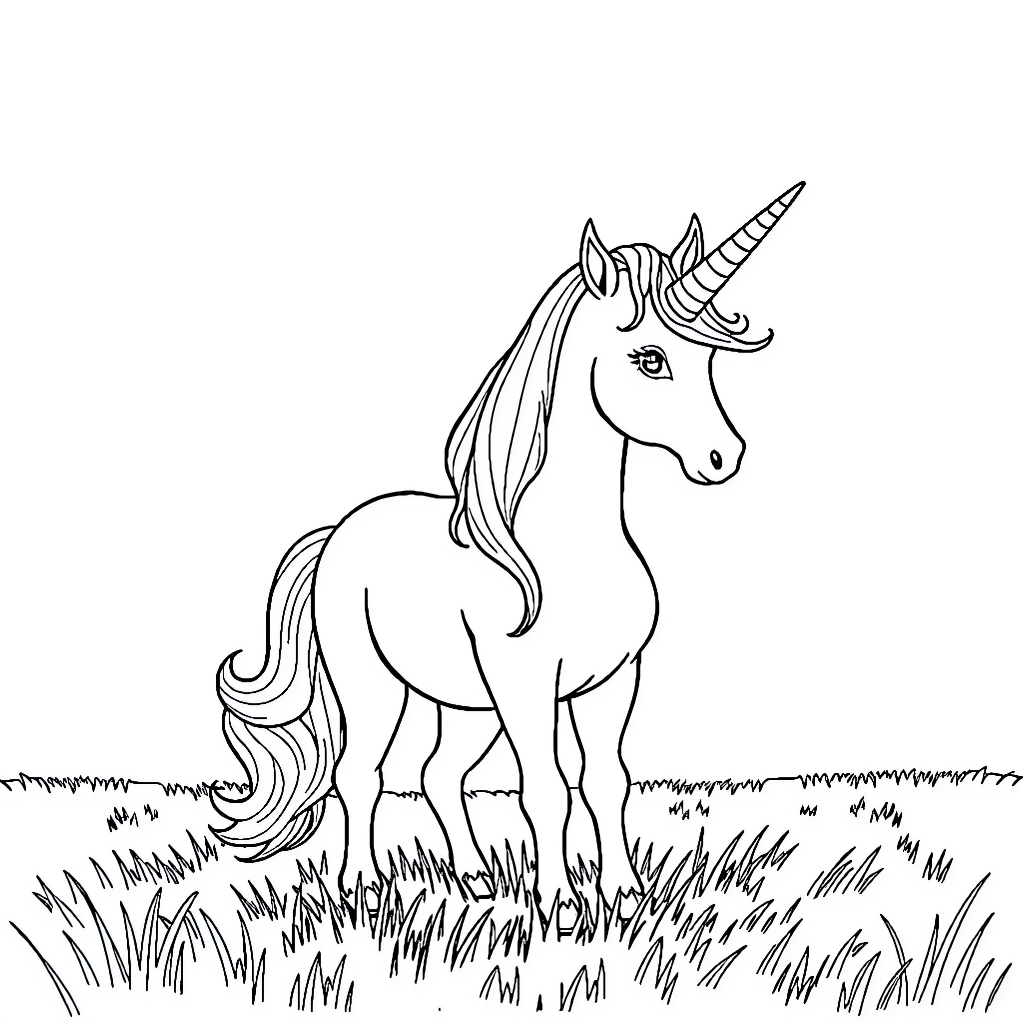 Unicorn standing proudly in a grassy field Coloring Page (free black-and-white line drawing printable PDF for all, from beginners to advanced learners, including children, teens, adults, and seniors)