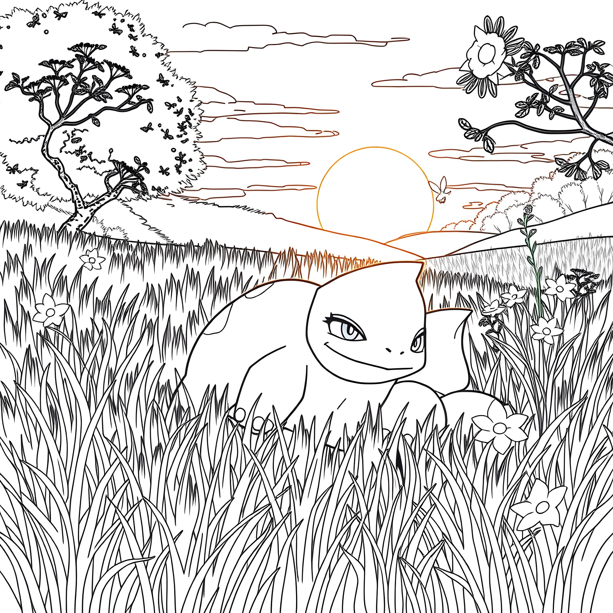 Bulbasaur enjoying the scenic landscape Coloring Page (free black-and-white line drawing printable PDF for all, from beginners to advanced learners, including children, teens, adults, and seniors)