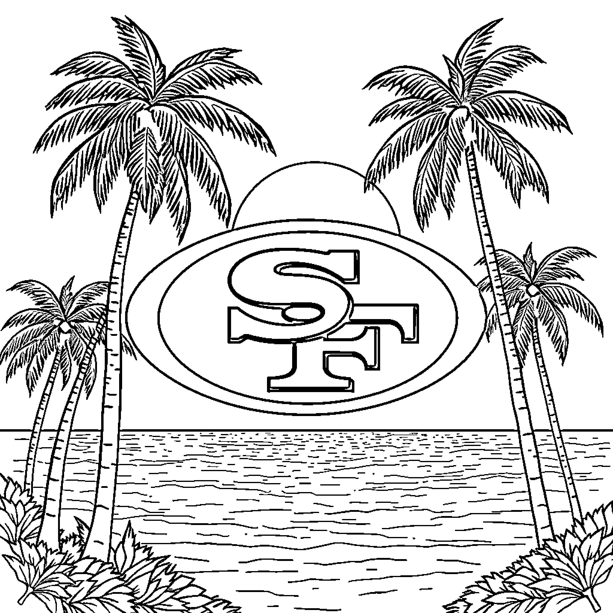 49ers logo surrounded by tropical palm trees Coloring Page (free black-and-white line drawing printable PDF for all, from beginners to advanced learners, including children, teens, adults, and seniors)