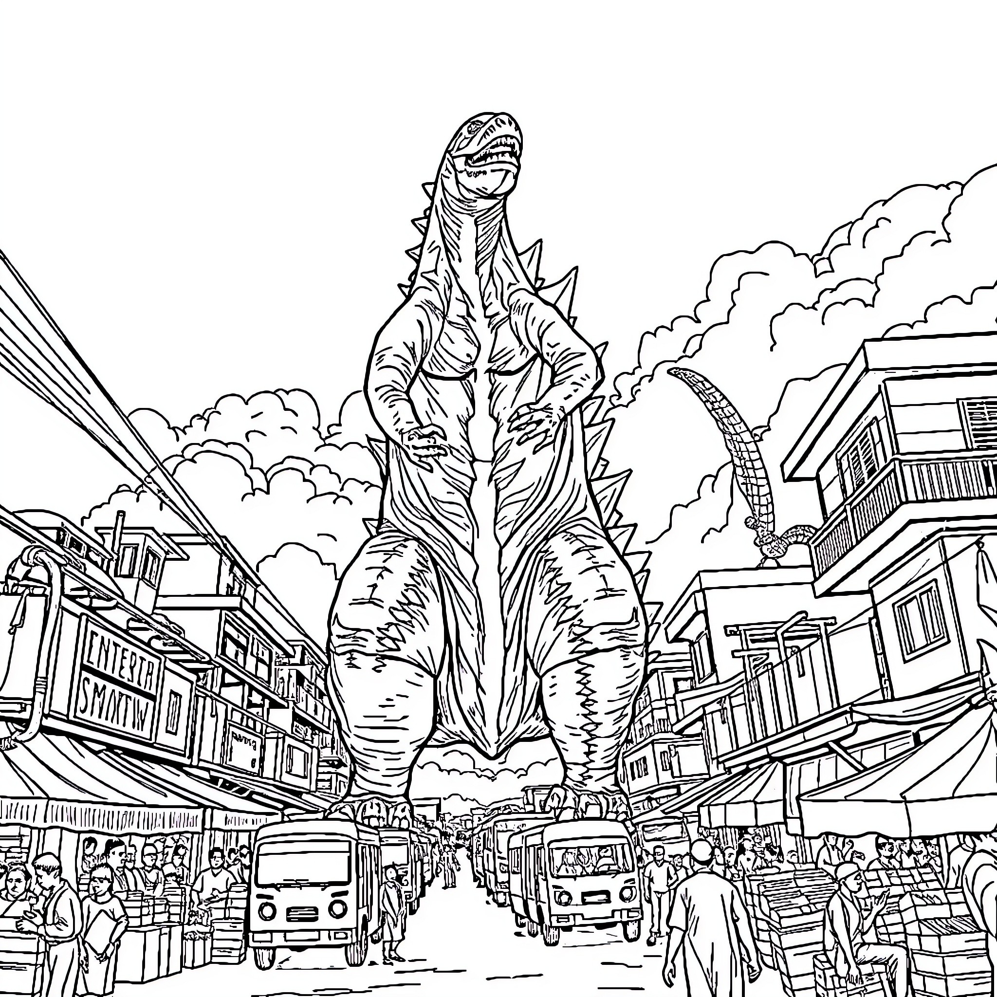 Godzilla rampaging through a bustling city Coloring Page (free black-and-white line drawing printable PDF for all, from beginners to advanced learners, including children, teens, adults, and seniors)