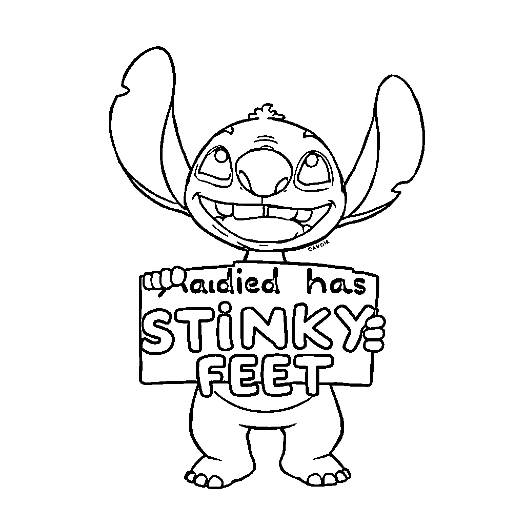 Stitch with a Funny Sign Coloring Page (free black-and-white line drawing printable PDF for all, from beginners to advanced learners, including children, teens, adults, and seniors)