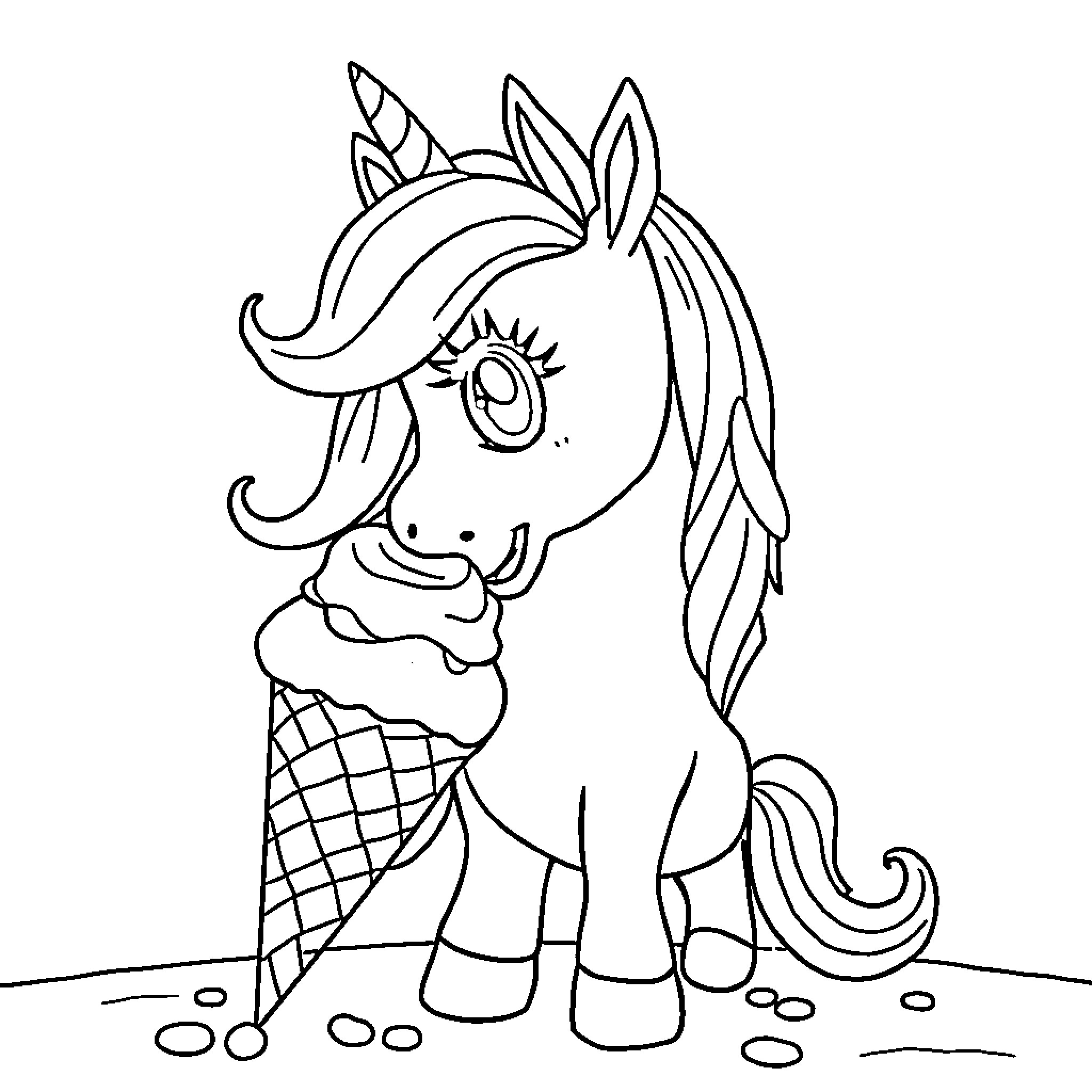 Unicorn enjoying a sweet ice cream treat Coloring Page (free black-and-white line drawing printable PDF for all, from beginners to advanced learners, including children, teens, adults, and seniors)