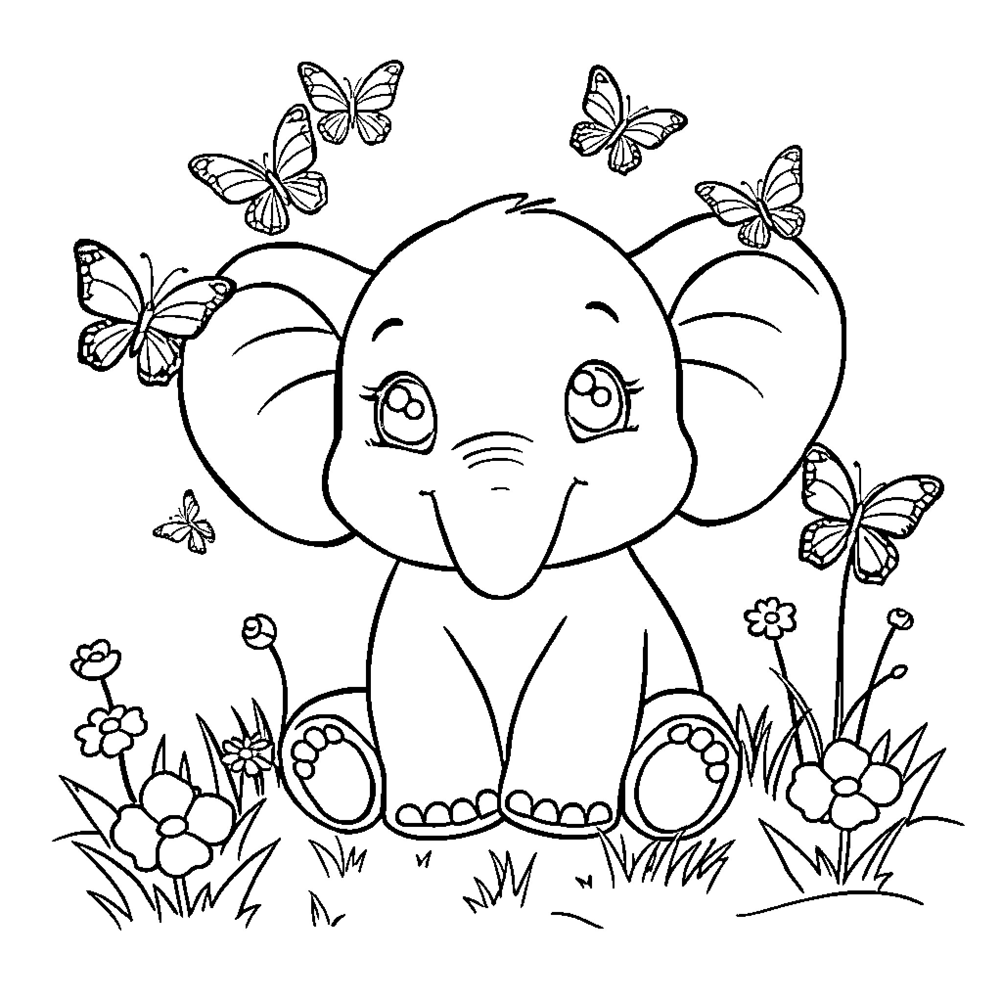 Baby Elephant playing with butterflies in a meadow Coloring Page (free black-and-white line drawing printable PDF for all, from beginners to advanced learners, including children, teens, adults, and seniors)