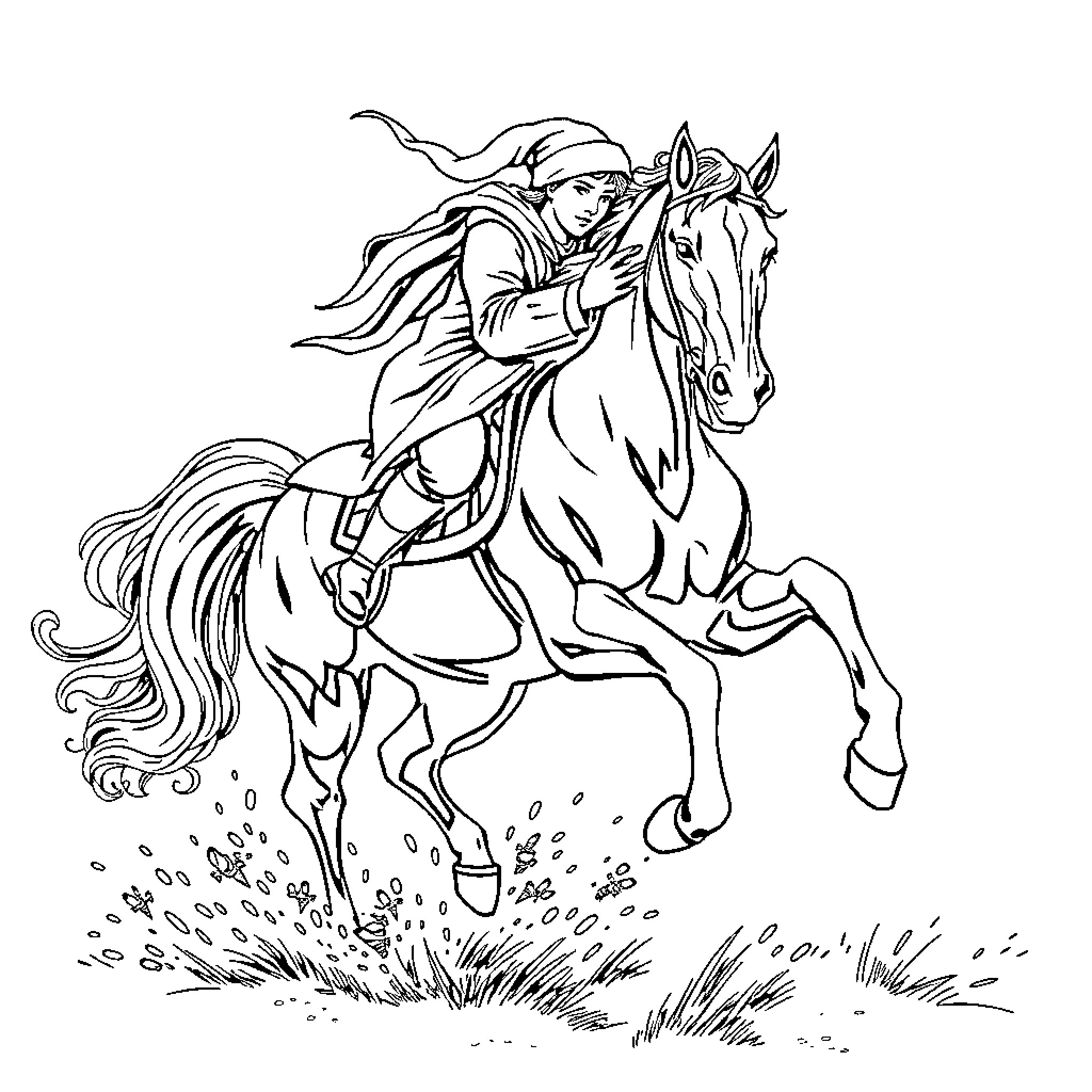 Santander rider galloping on a spirited horse Coloring Page (free black-and-white line drawing printable PDF for all, from beginners to advanced learners, including children, teens, adults, and seniors)