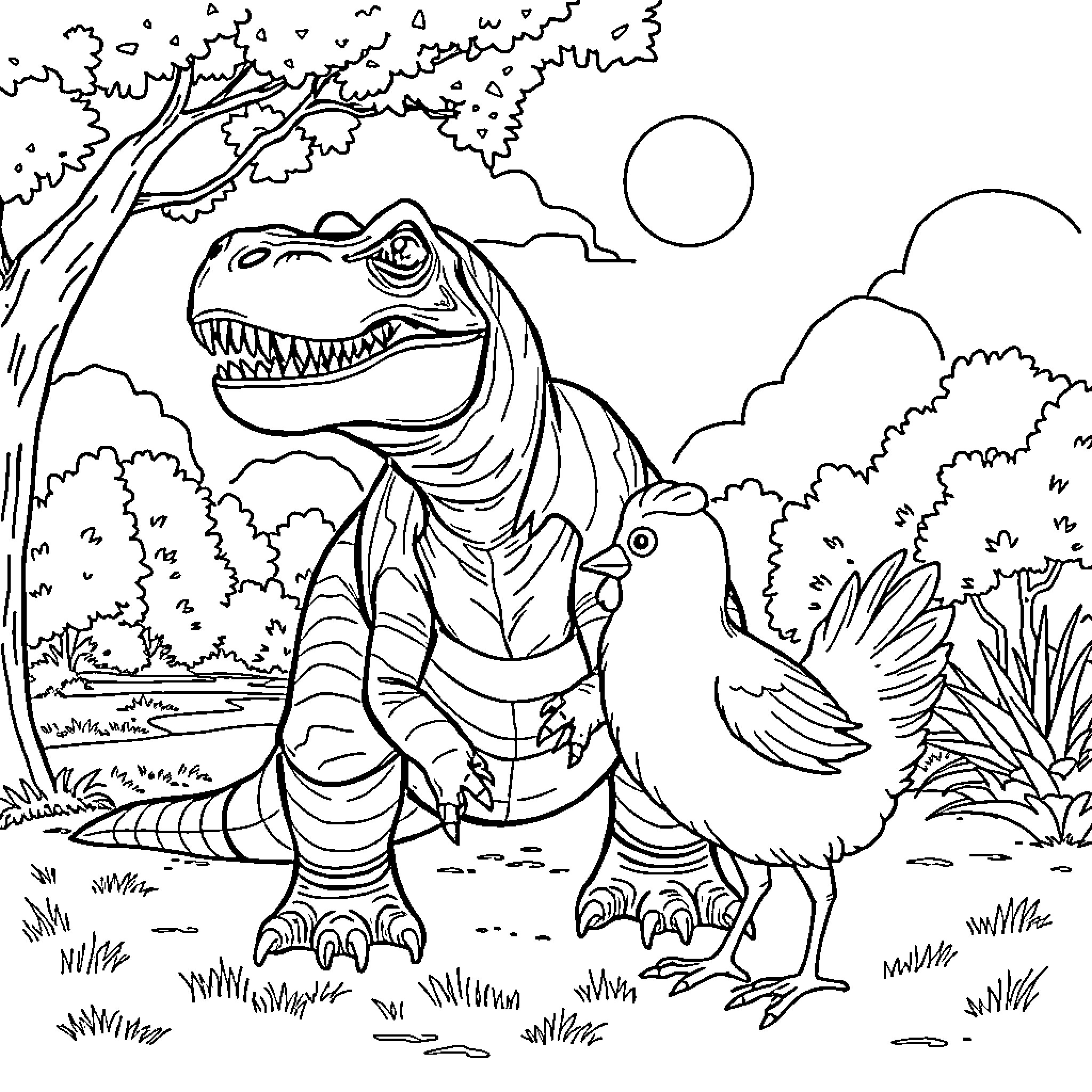 T-Rex posing playfully with a bird in the forest Coloring Page (free black-and-white line drawing printable PDF for all, from beginners to advanced learners, including children, teens, adults, and seniors)