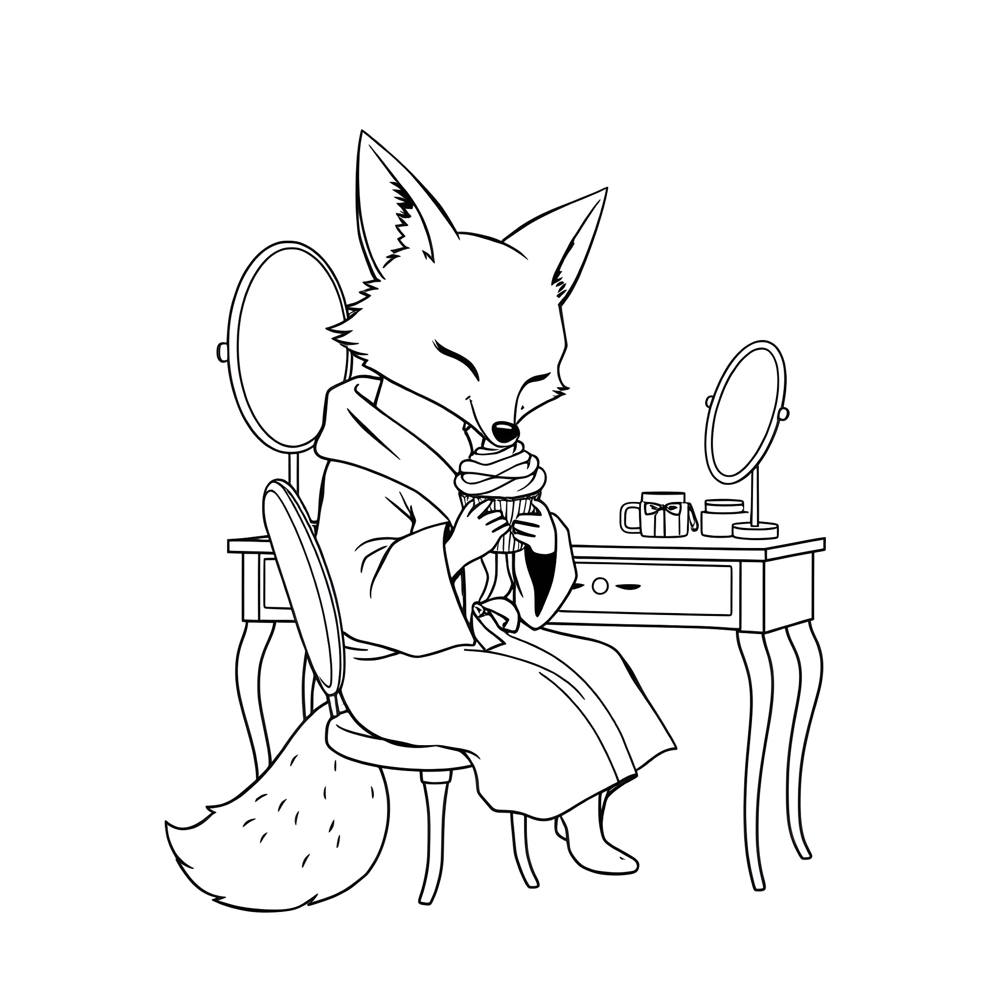 Fox getting ready with makeup at vanity Coloring Page (free black-and-white line drawing printable PDF for all, from beginners to advanced learners, including children, teens, adults, and seniors)
