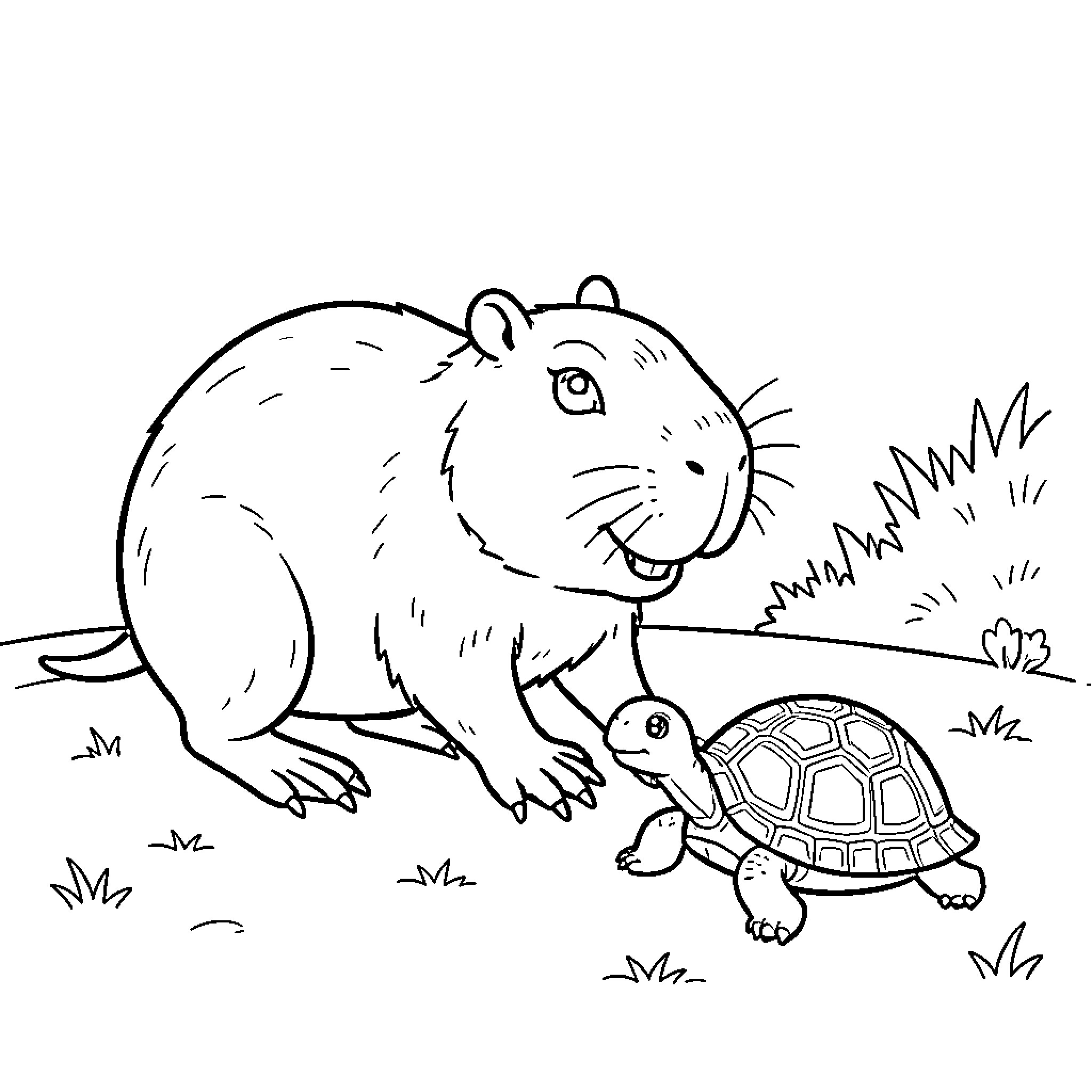 Capybara smiling warmly while interacting with a small turtle Coloring Page (free black-and-white line drawing printable PDF for all, from beginners to advanced learners, including children, teens, adults, and seniors)