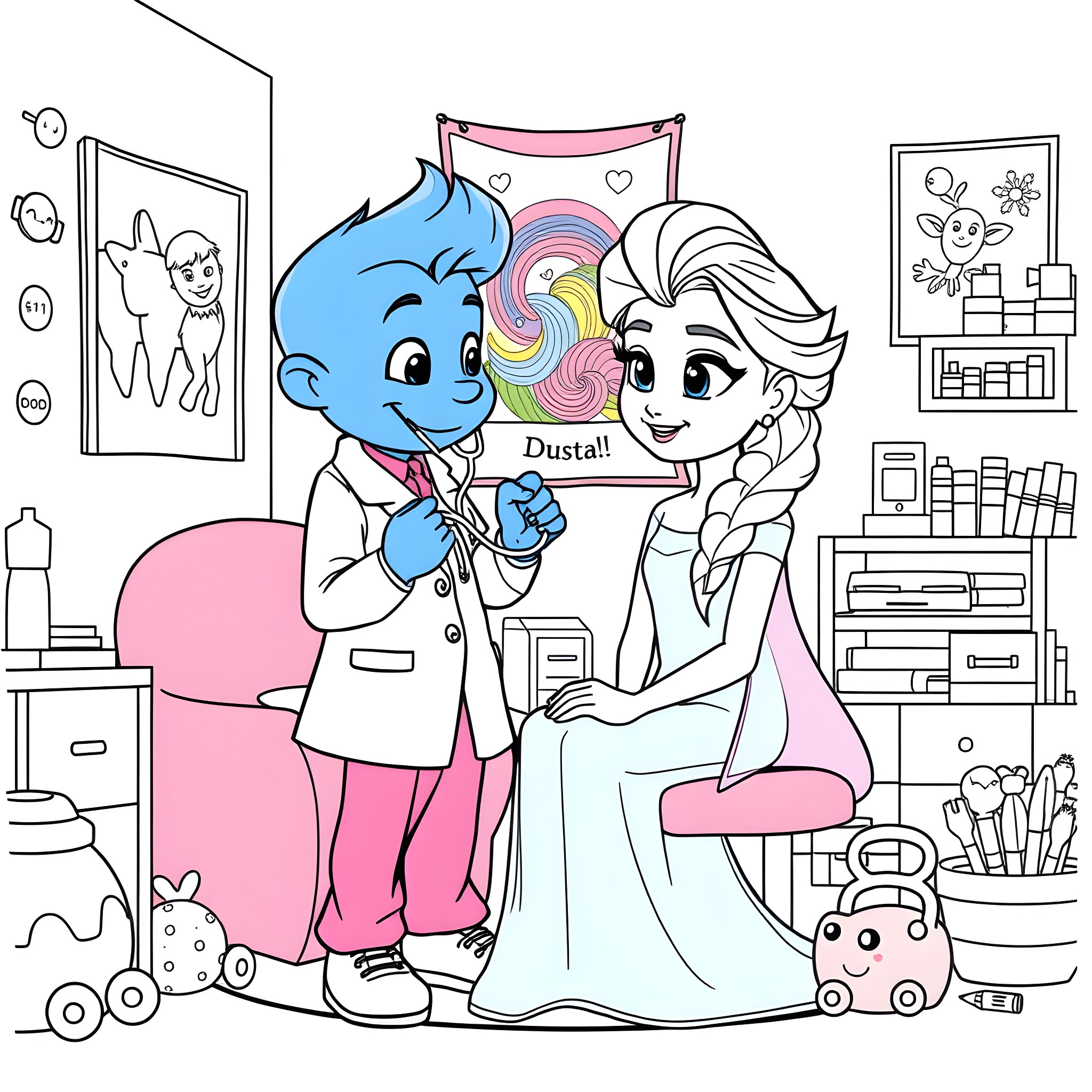 Bluey and Elsa playing in the bedroom Coloring Page (free black-and-white line drawing printable PDF for all, from beginners to advanced learners, including children, teens, adults, and seniors)