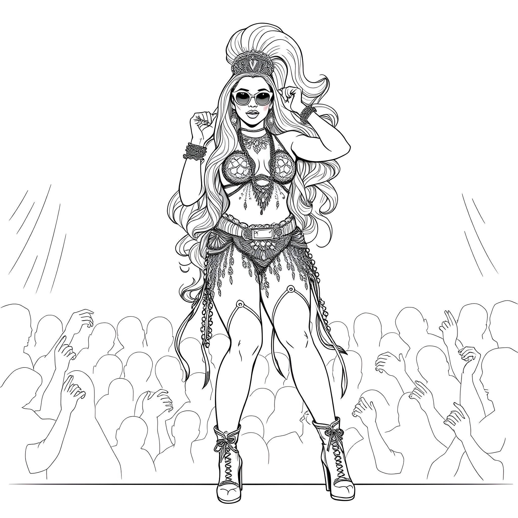 Nicki Minaj Performing Energetically on Stage Coloring Page (free black-and-white line drawing printable PDF for all, from beginners to advanced learners, including children, teens, adults, and seniors)