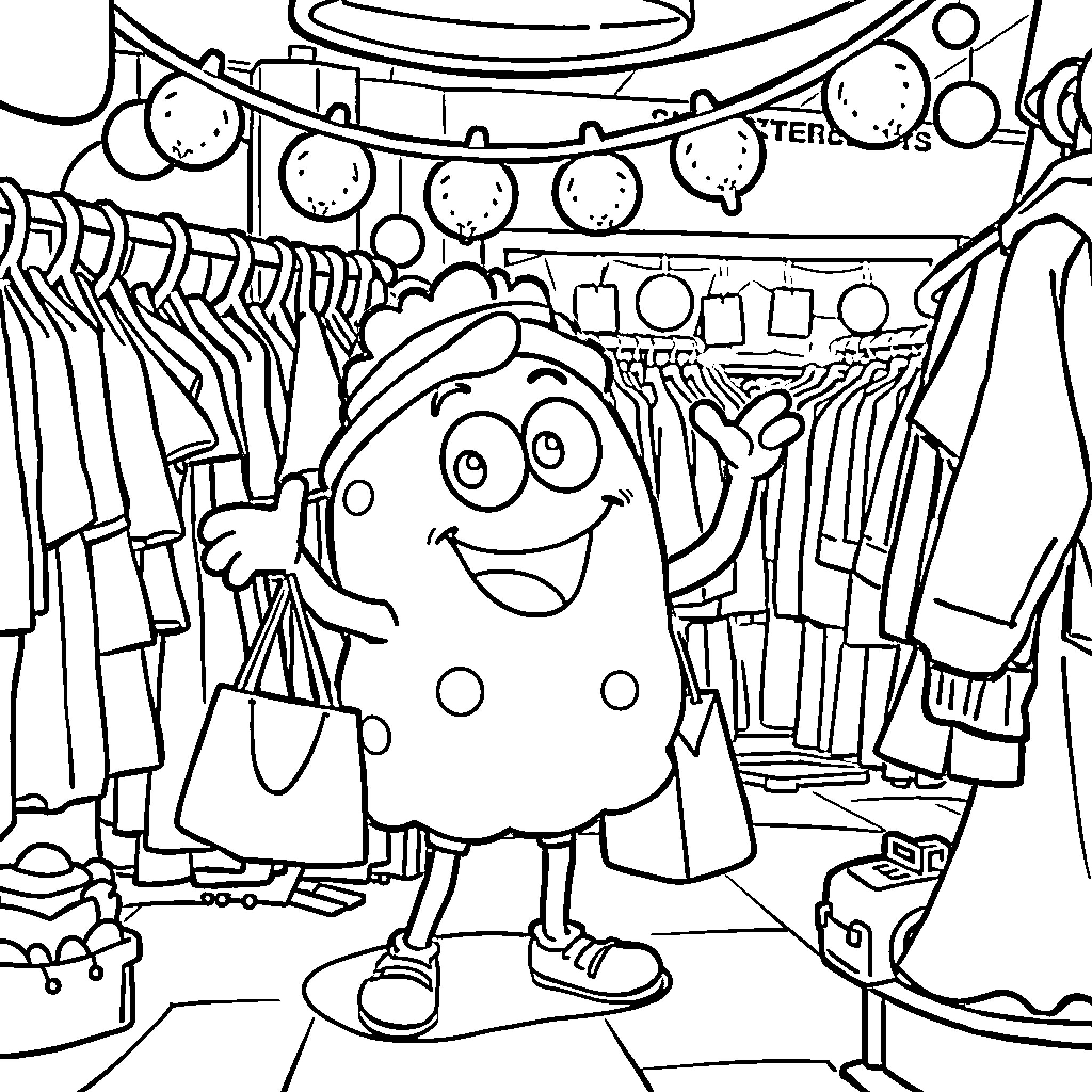 Bob esponja shopping for clothes in the store Coloring Page (free black-and-white line drawing printable PDF for all, from beginners to advanced learners, including children, teens, adults, and seniors)