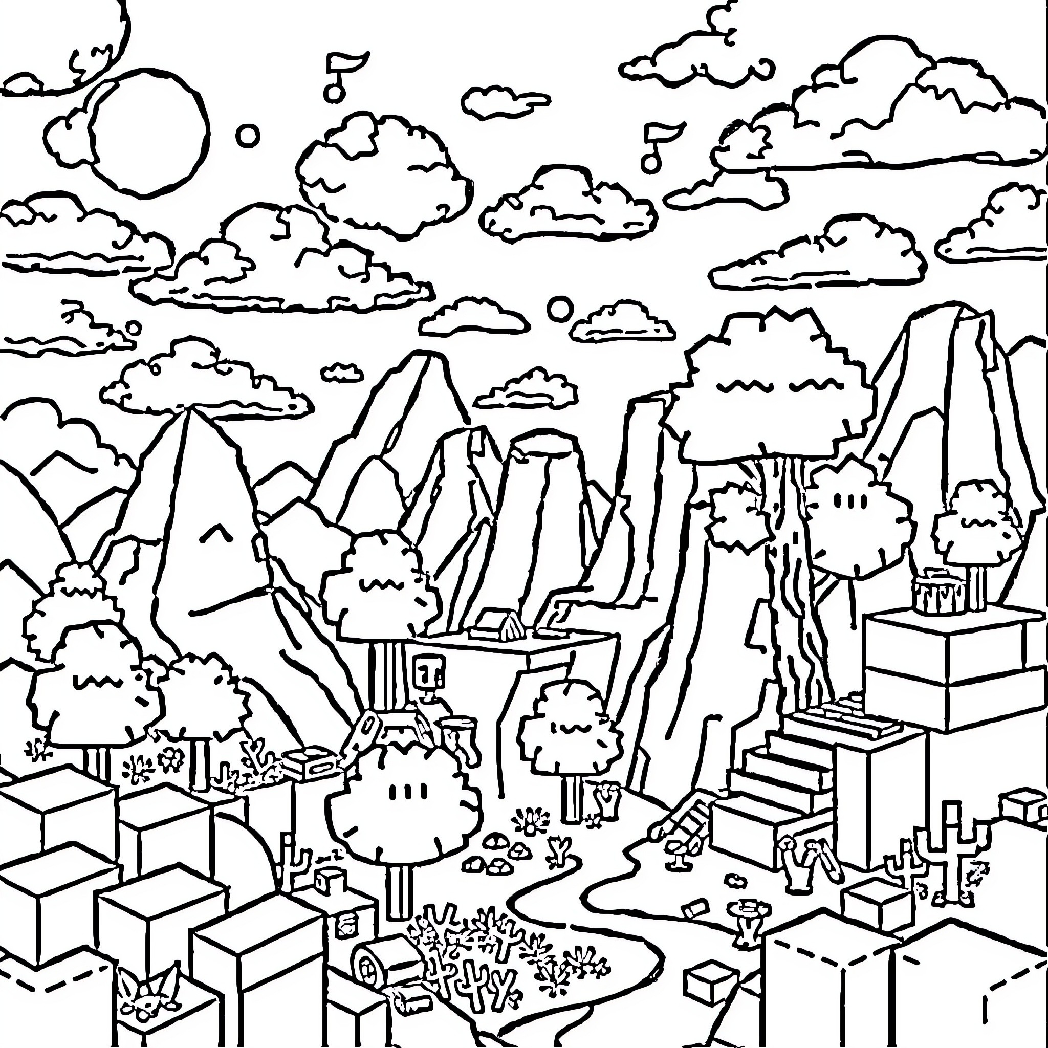 Minecraft Landscape with Towering Mountains and Floating Islands Coloring Page (free black-and-white line drawing printable PDF for all, from beginners to advanced learners, including children, teens, adults, and seniors)