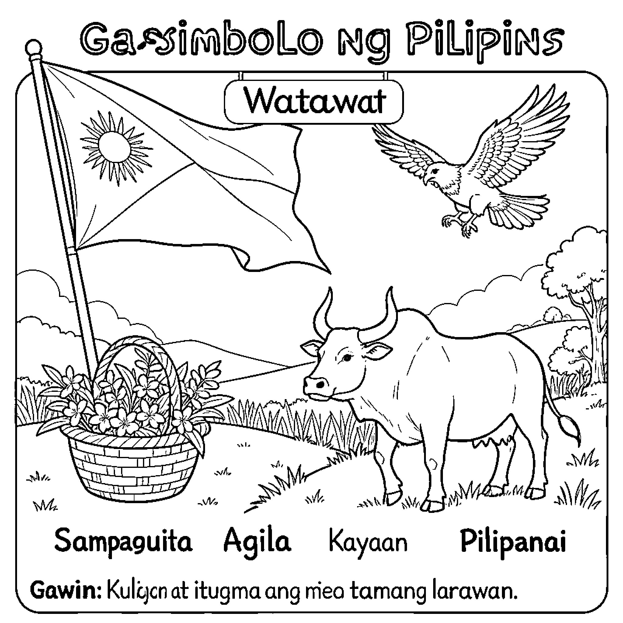 Symbol of a flag, eagle, carabao, and flowers Coloring Page (free black-and-white line drawing printable PDF for all, from beginners to advanced learners, including children, teens, adults, and seniors)