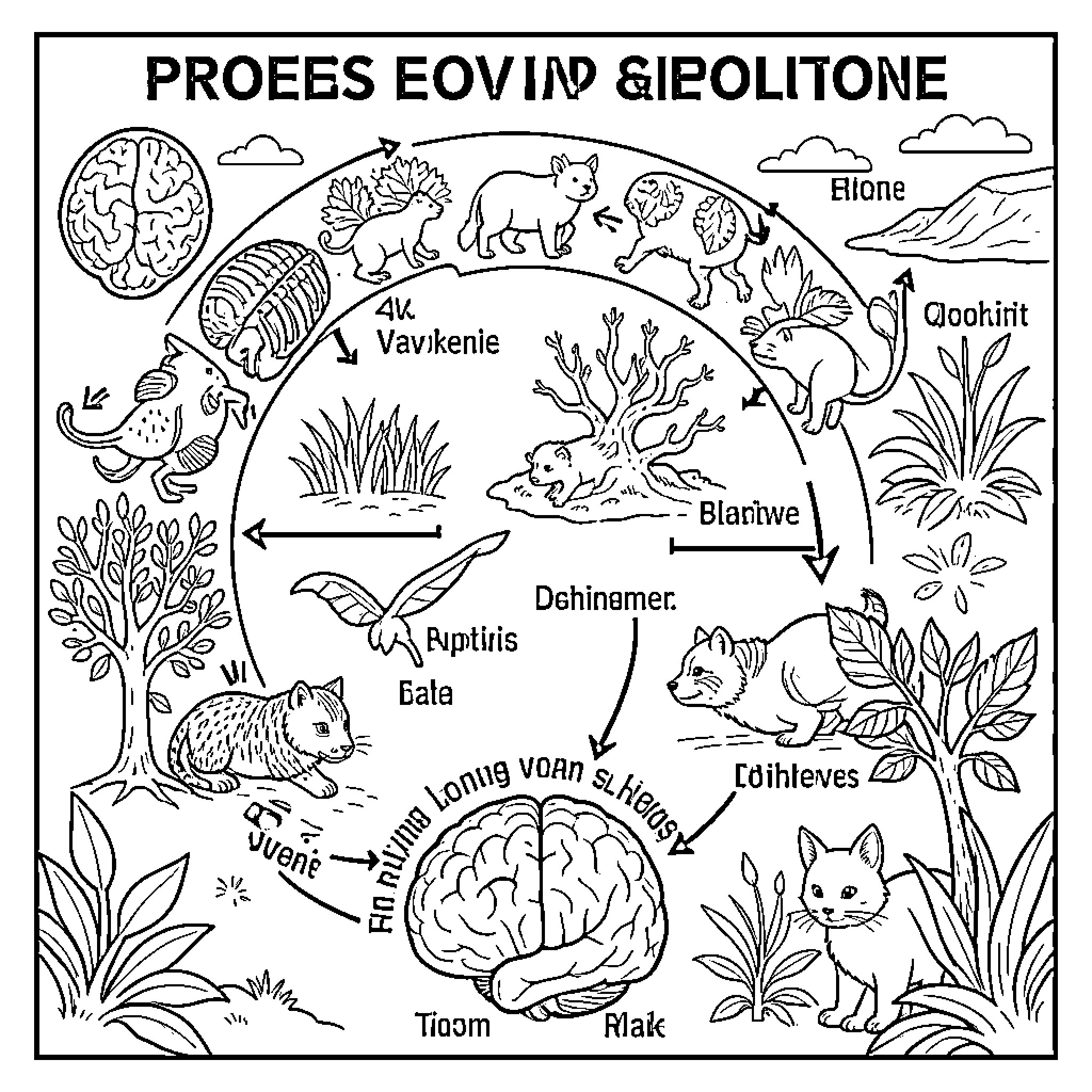 Evolution showing various life stages and creature transformations Coloring Page (free black-and-white line drawing printable PDF for all, from beginners to advanced learners, including children, teens, adults, and seniors)