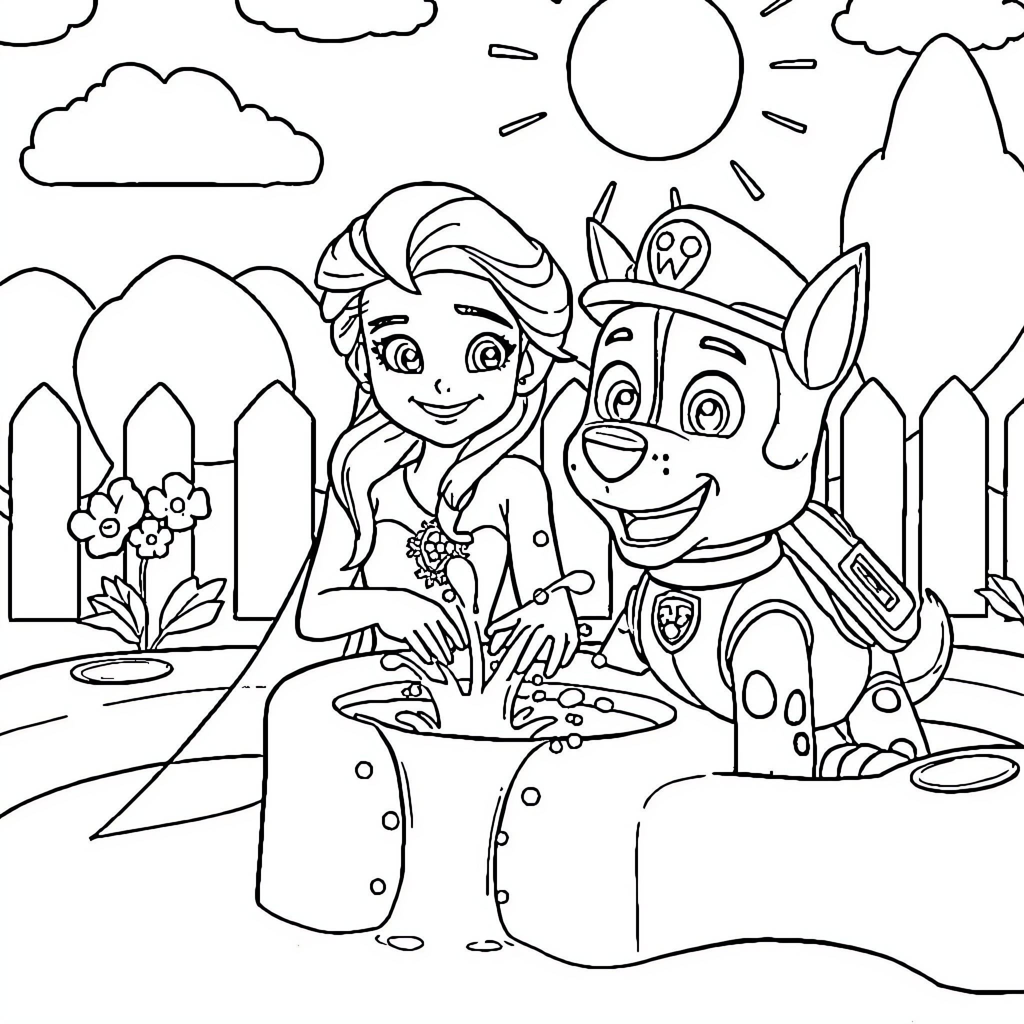 Elsa and Paw Patrol pup gardening together Coloring Page (free black-and-white line drawing printable PDF for all, from beginners to advanced learners, including children, teens, adults, and seniors)