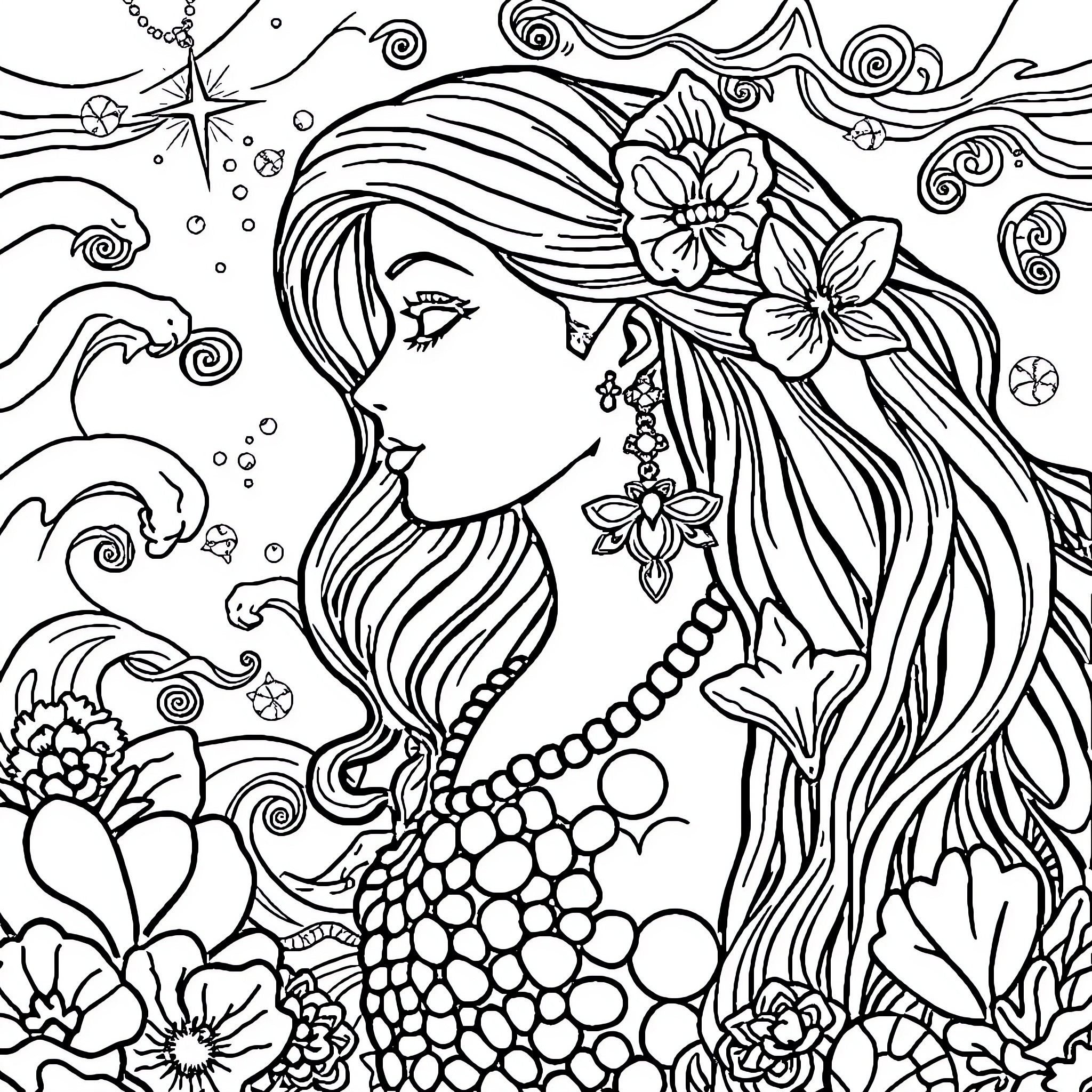 Mermaid surrounded by enchanting marine life Coloring Page (free black-and-white line drawing printable PDF for all, from beginners to advanced learners, including children, teens, adults, and seniors)