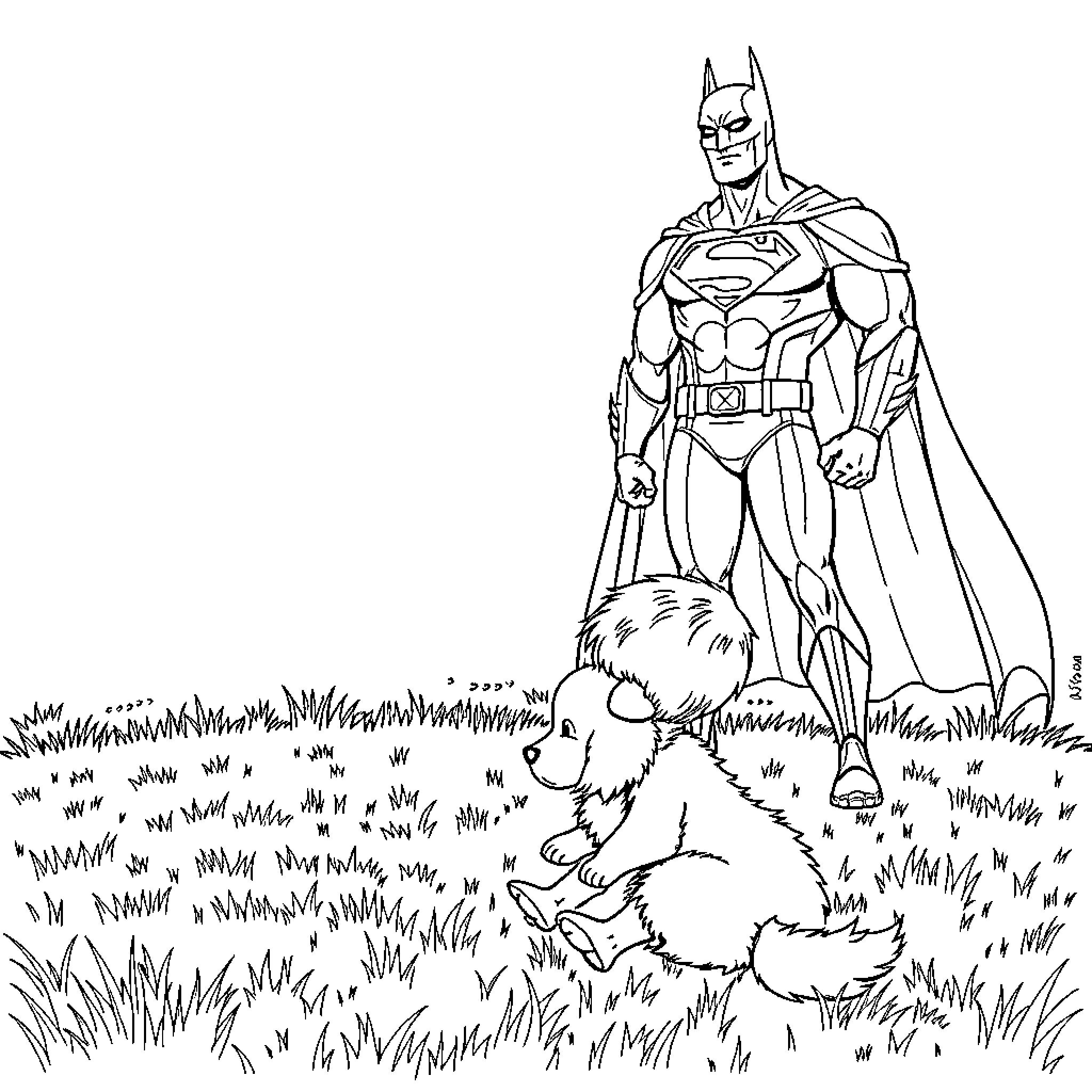Baby Superhero Protects Furry Friend in Grassy Field Coloring Page (free black-and-white line drawing printable PDF for all, from beginners to advanced learners, including children, teens, adults, and seniors)