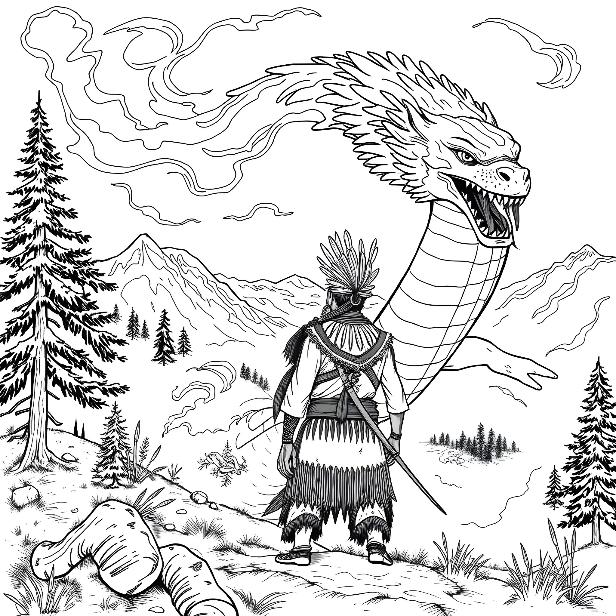Warrior facing a fierce dragon in the mountain landscape Coloring Page (free black-and-white line drawing printable PDF for all, from beginners to advanced learners, including children, teens, adults, and seniors)