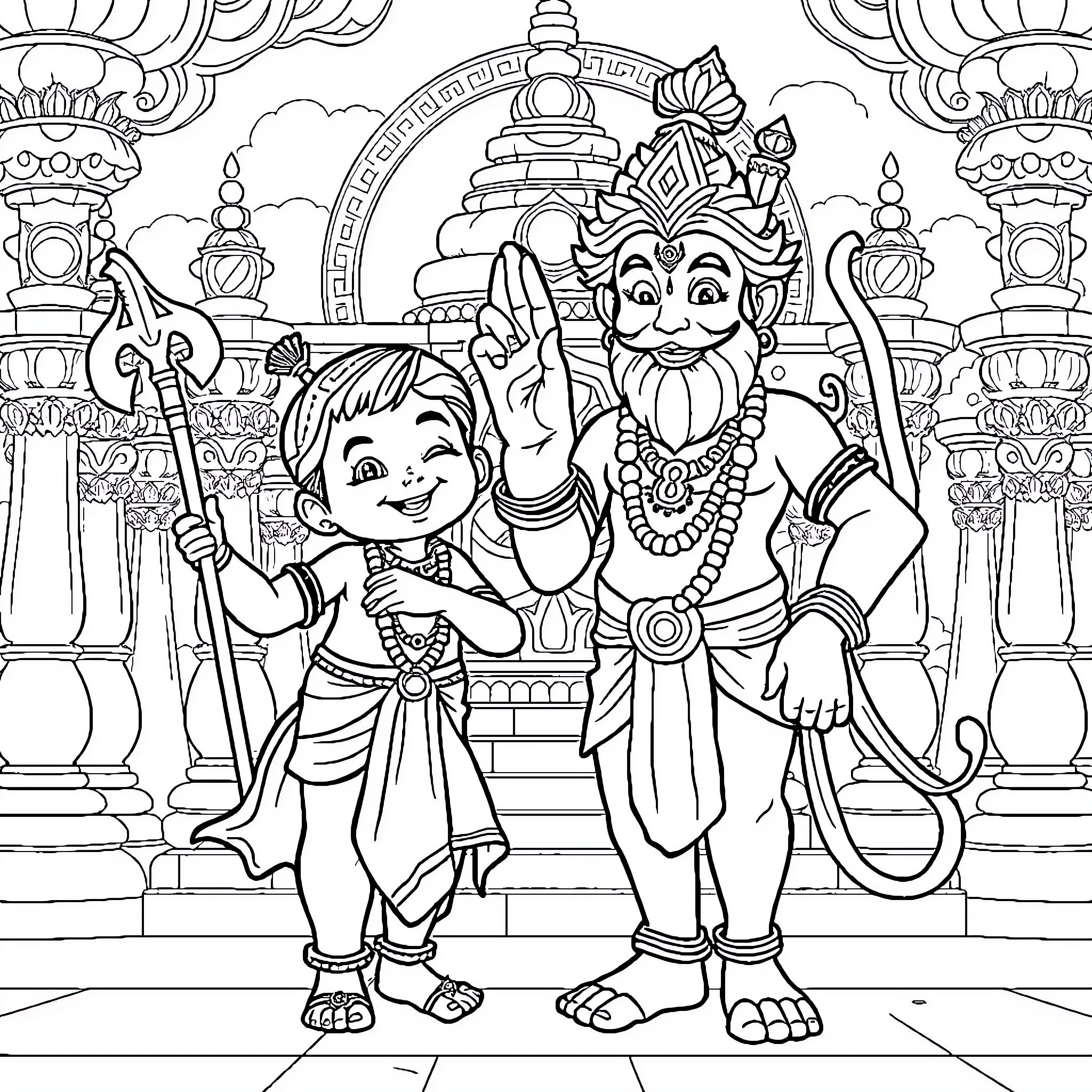 Kanha ji and Radha playing in the temple Coloring Page (free black-and-white line drawing printable PDF for all, from beginners to advanced learners, including children, teens, adults, and seniors)
