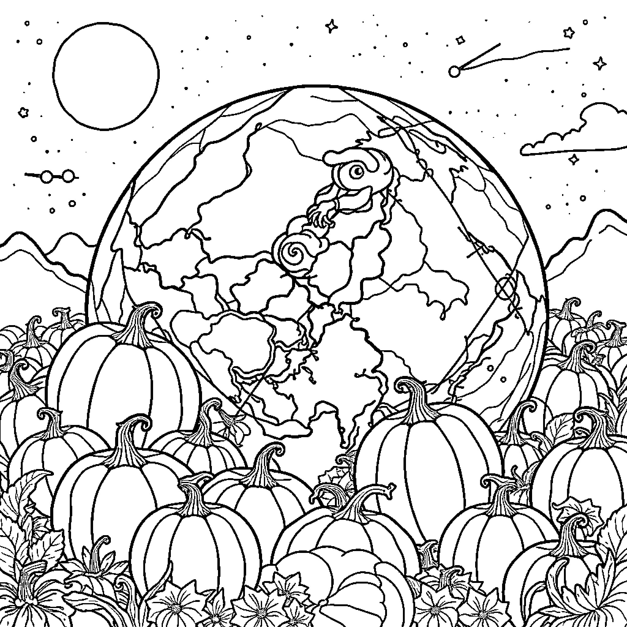 Pumpkin patch under the starry night sky Coloring Page (free black-and-white line drawing printable PDF for all, from beginners to advanced learners, including children, teens, adults, and seniors)