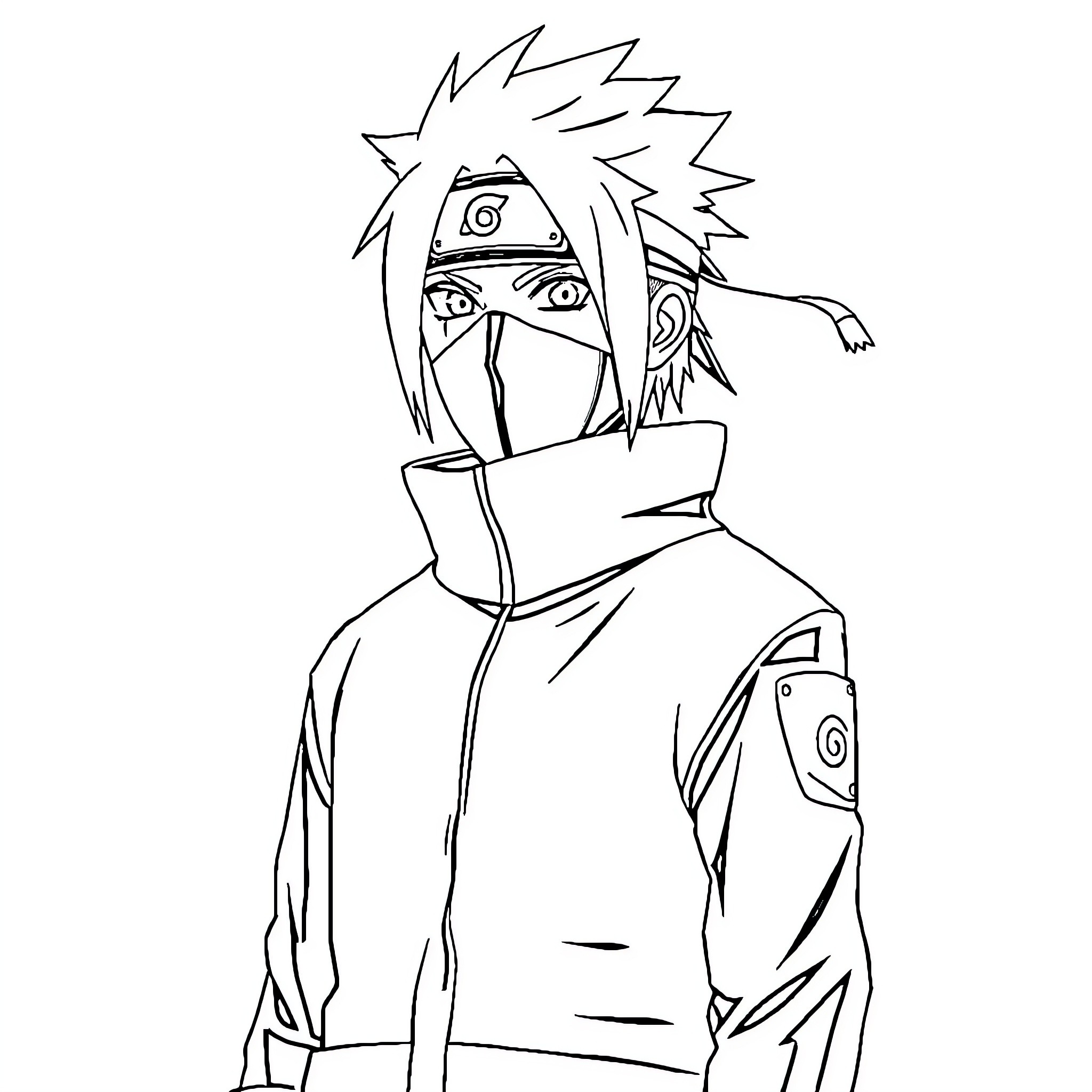 Kakashi in focused ninja outfit Coloring Page (free black-and-white line drawing printable PDF for all, from beginners to advanced learners, including children, teens, adults, and seniors)