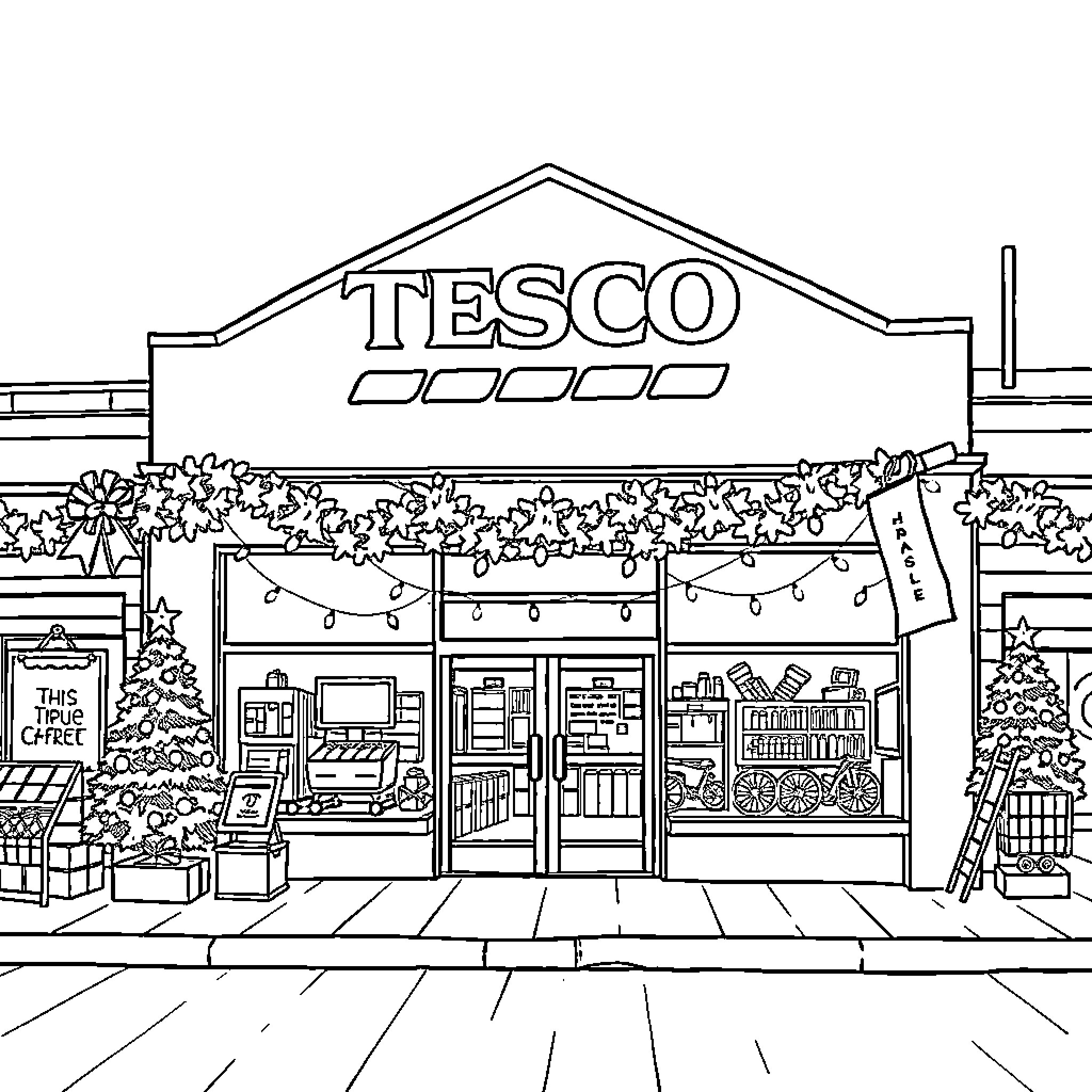 Tesco store front with holiday decorations Coloring Page (free black-and-white line drawing printable PDF for all, from beginners to advanced learners, including children, teens, adults, and seniors)