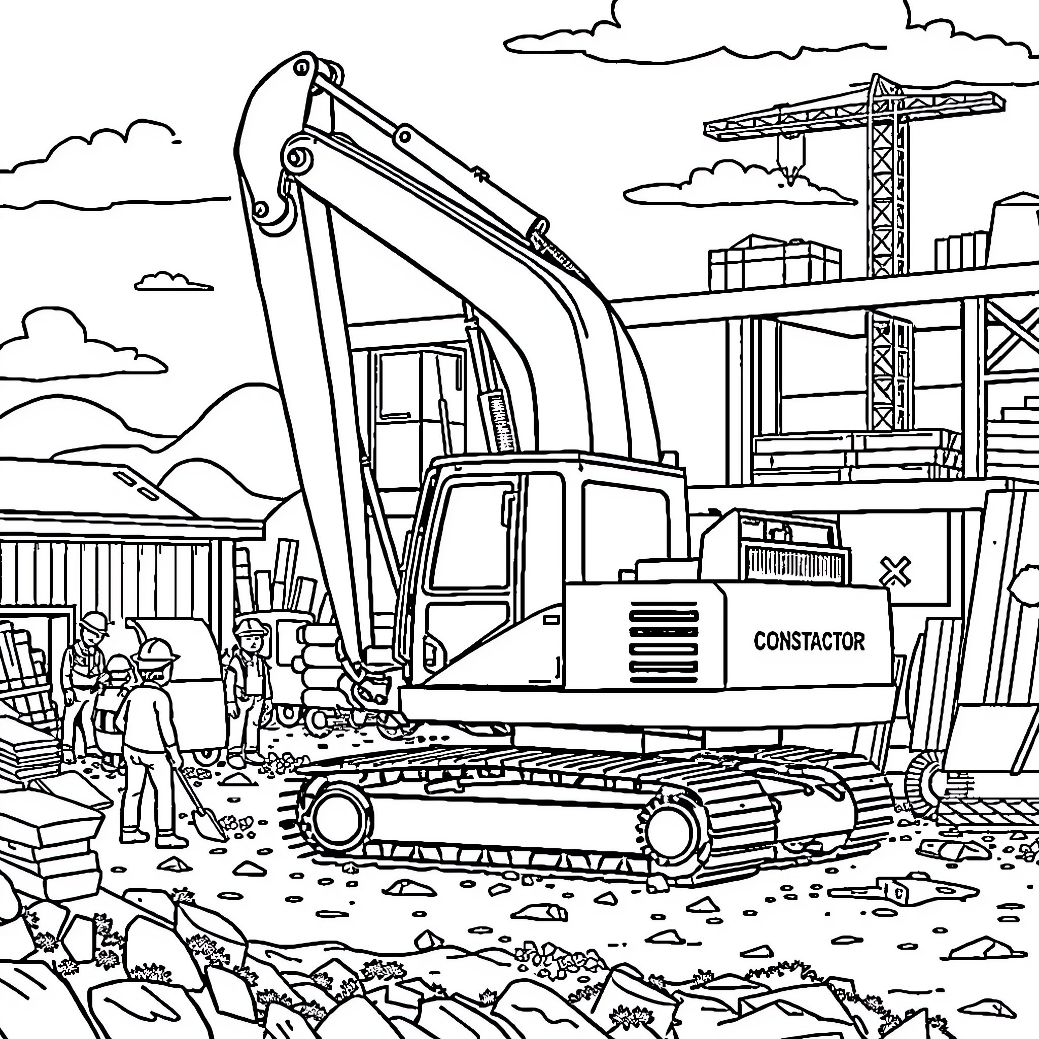 Excavator on construction site with cranes and workers Coloring Page (free black-and-white line drawing printable PDF for all, from beginners to advanced learners, including children, teens, adults, and seniors)