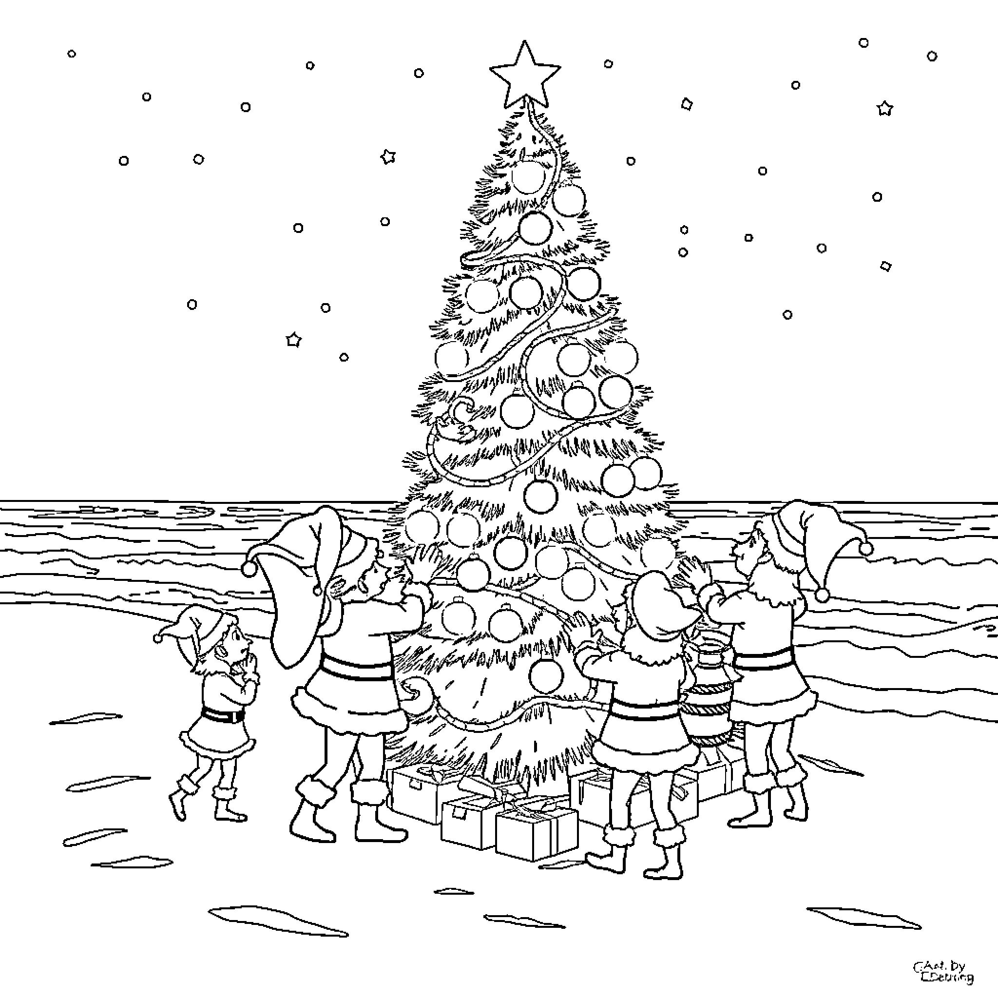 Elf decorating the Christmas tree outdoors Coloring Page (free black-and-white line drawing printable PDF for all, from beginners to advanced learners, including children, teens, adults, and seniors)