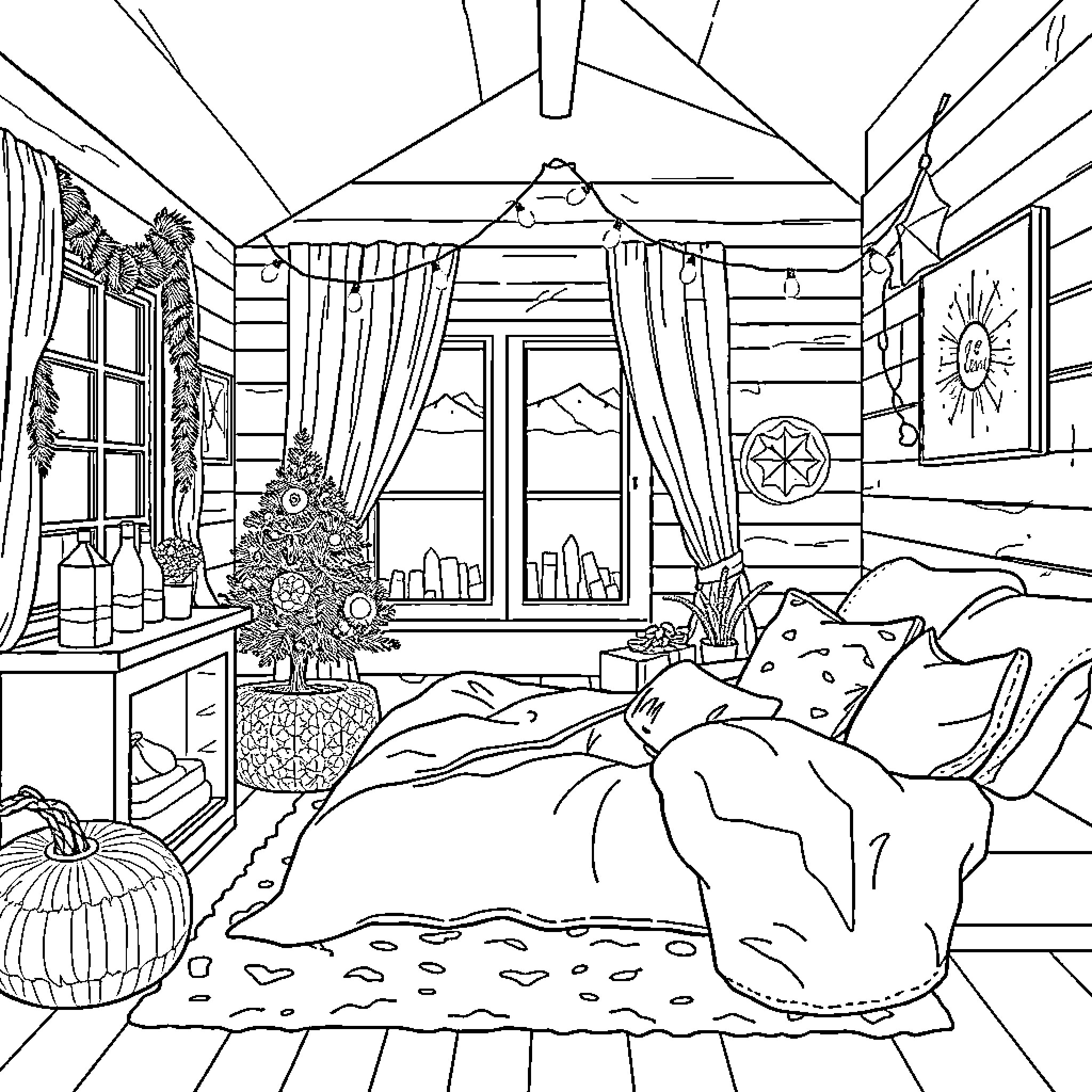 Home Cozy Winter Getaway in Cabin Coloring Page (free black-and-white line drawing printable PDF for all, from beginners to advanced learners, including children, teens, adults, and seniors)
