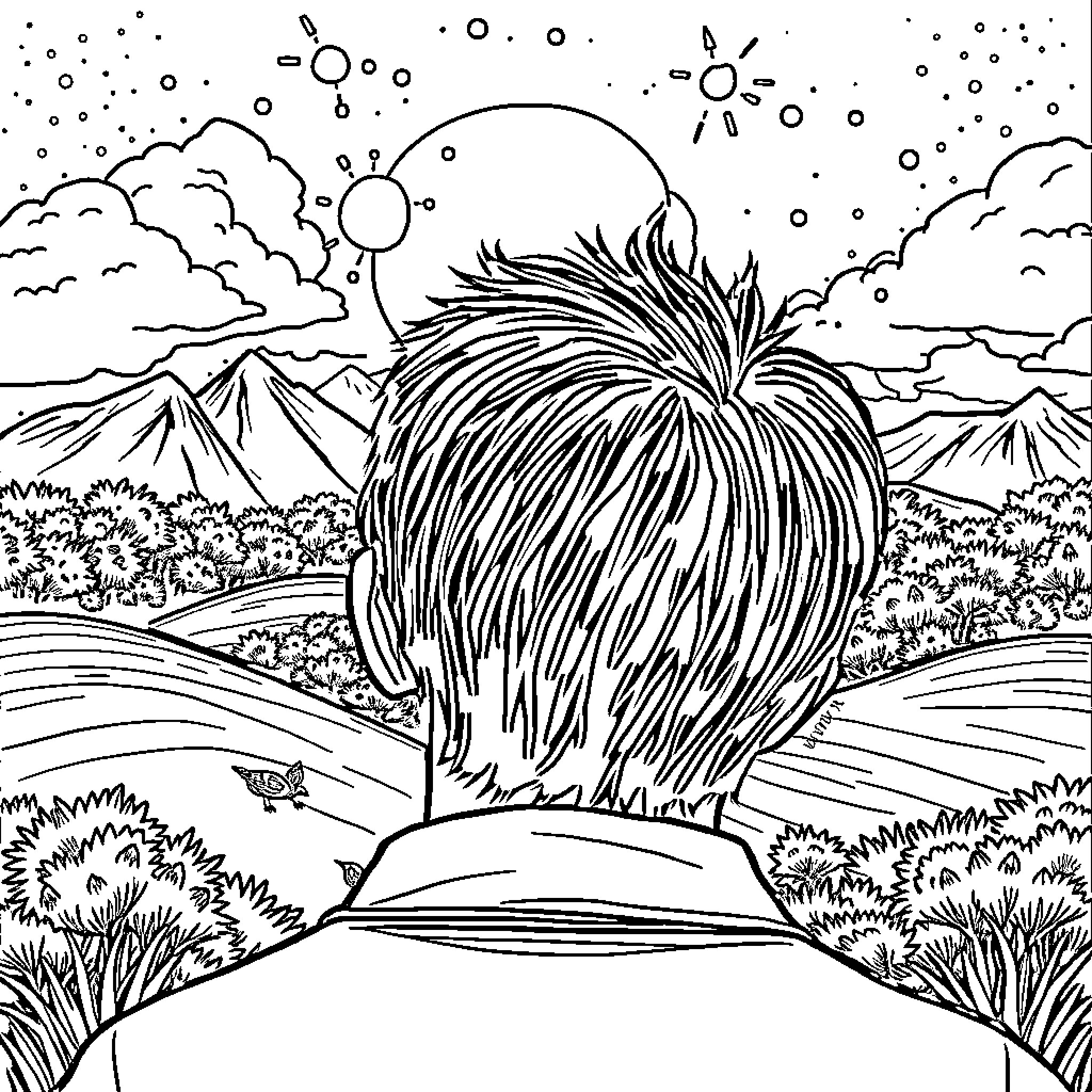 Adult in Peaceful Nature Landscape Coloring Page (free black-and-white line drawing printable PDF for all, from beginners to advanced learners, including children, teens, adults, and seniors)