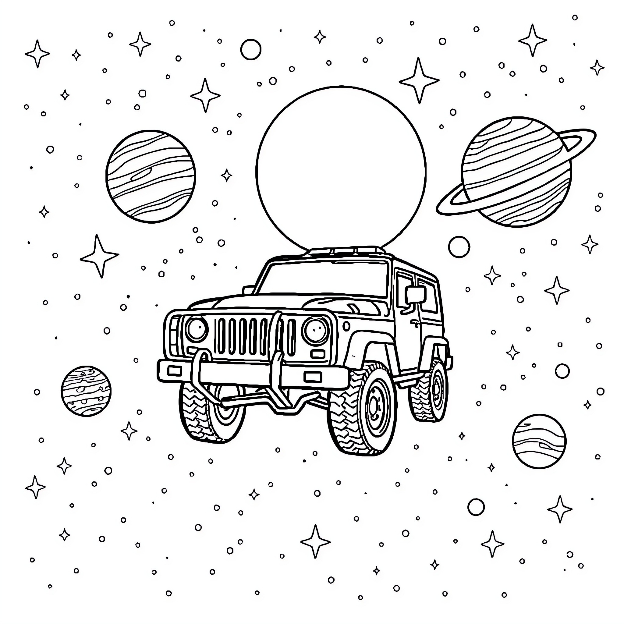 FJ Cruiser exploring the galaxy Coloring Page (free black-and-white line drawing printable PDF for all, from beginners to advanced learners, including children, teens, adults, and seniors)