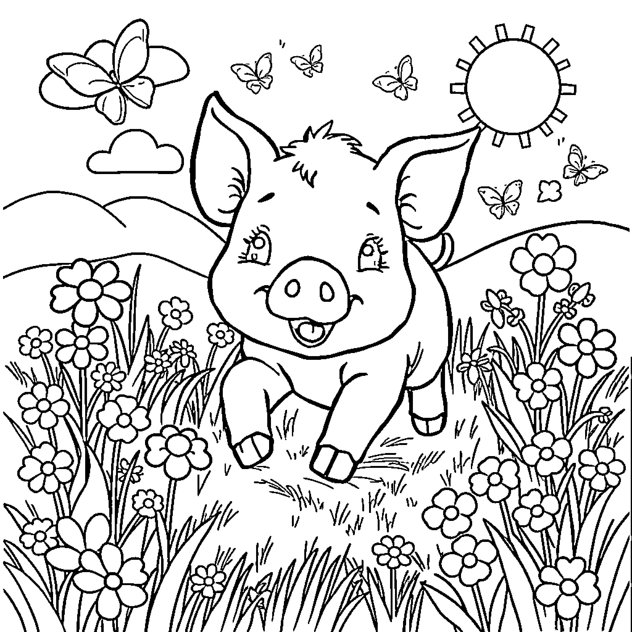 Pig enjoying the flowery meadow Coloring Page (free black-and-white line drawing printable PDF for all, from beginners to advanced learners, including children, teens, adults, and seniors)