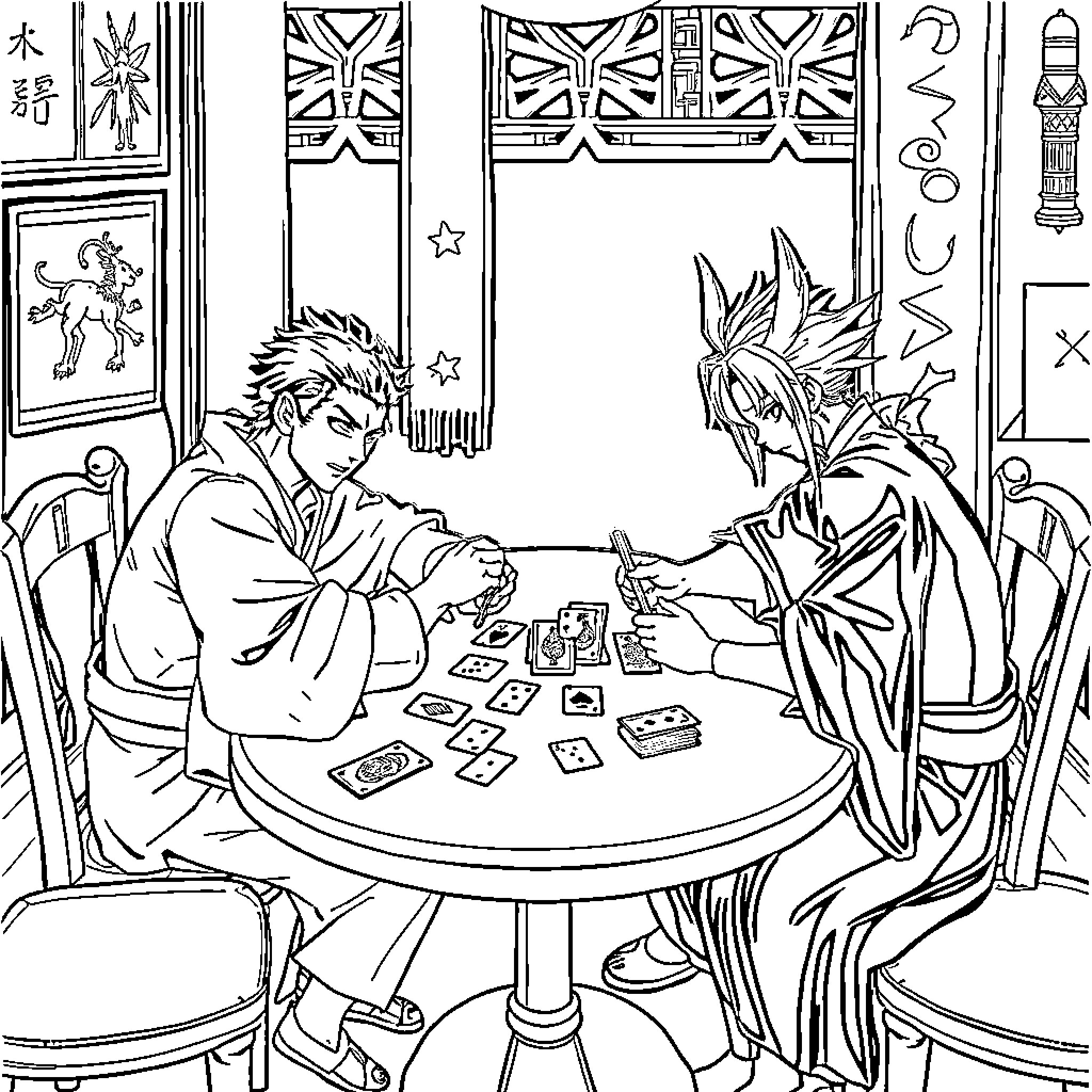 Gojo playing card game with another character Coloring Page (free black-and-white line drawing printable PDF for all, from beginners to advanced learners, including children, teens, adults, and seniors)