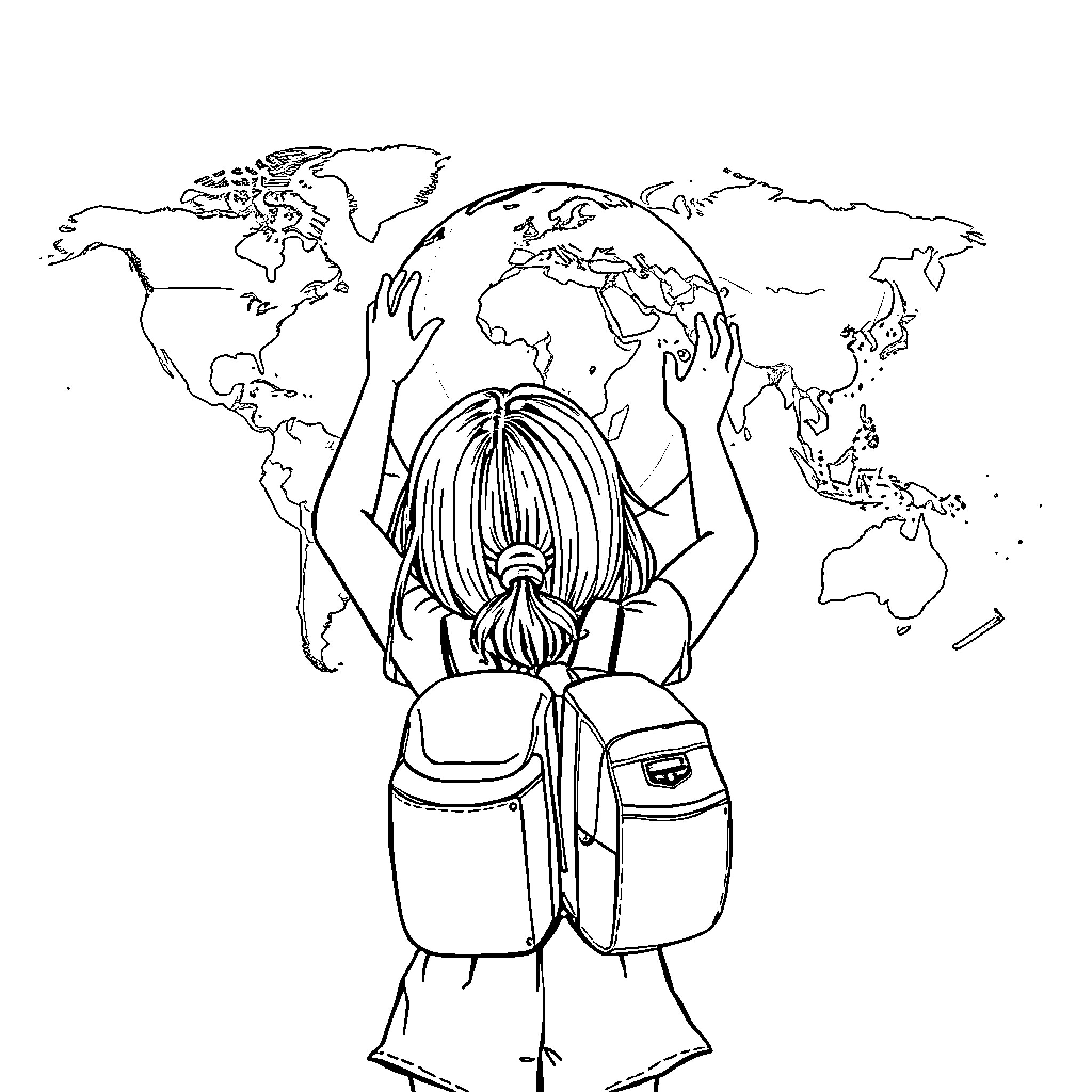 Girl Exploring the World with Backpack Coloring Page (free black-and-white line drawing printable PDF for all, from beginners to advanced learners, including children, teens, adults, and seniors)
