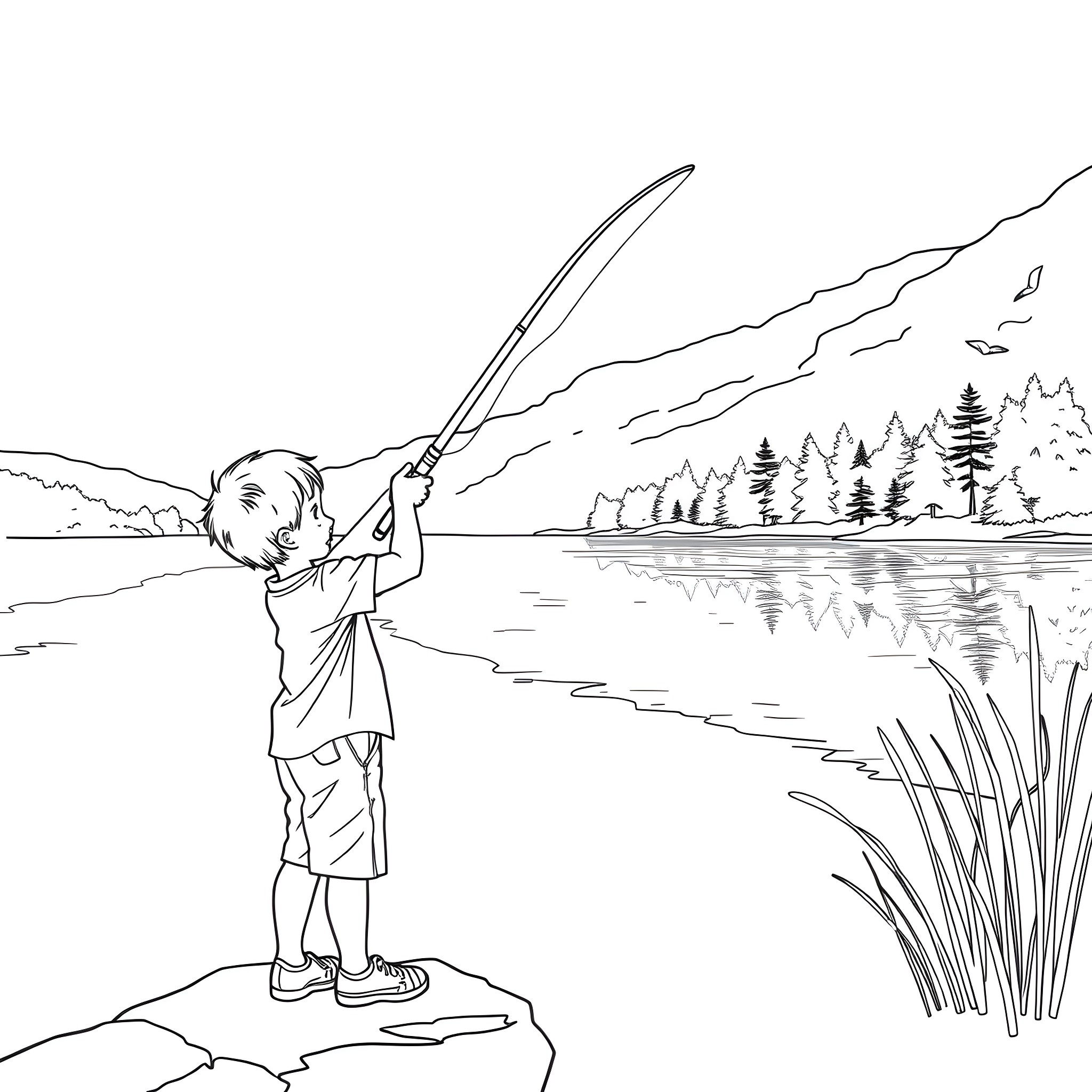 Boy fishing peacefully by the lake Coloring Page (free black-and-white line drawing printable PDF for all, from beginners to advanced learners, including children, teens, adults, and seniors)