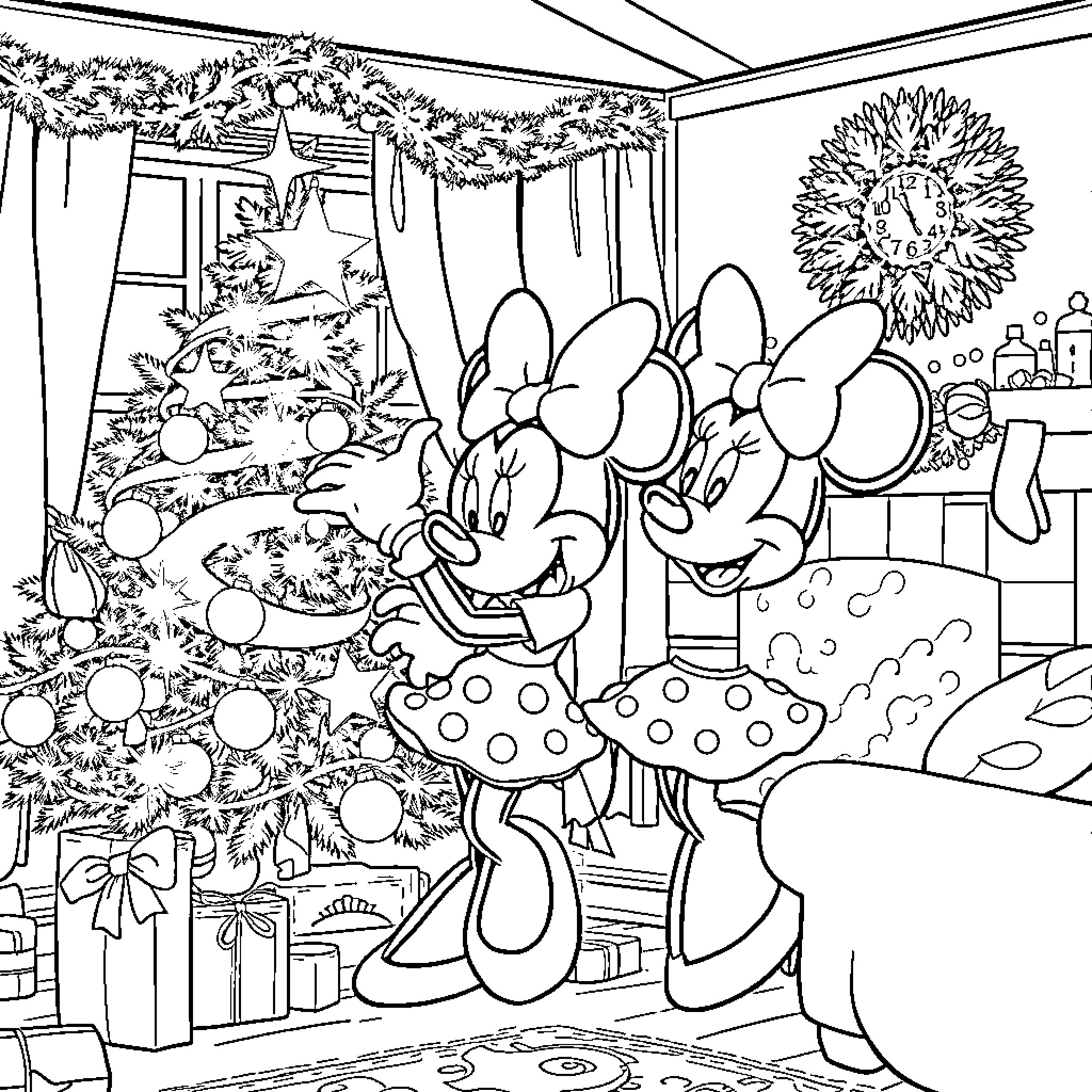 Minnie Mouse Celebrates Christmas with Mickey Coloring Page (free black-and-white line drawing printable PDF for all, from beginners to advanced learners, including children, teens, adults, and seniors)