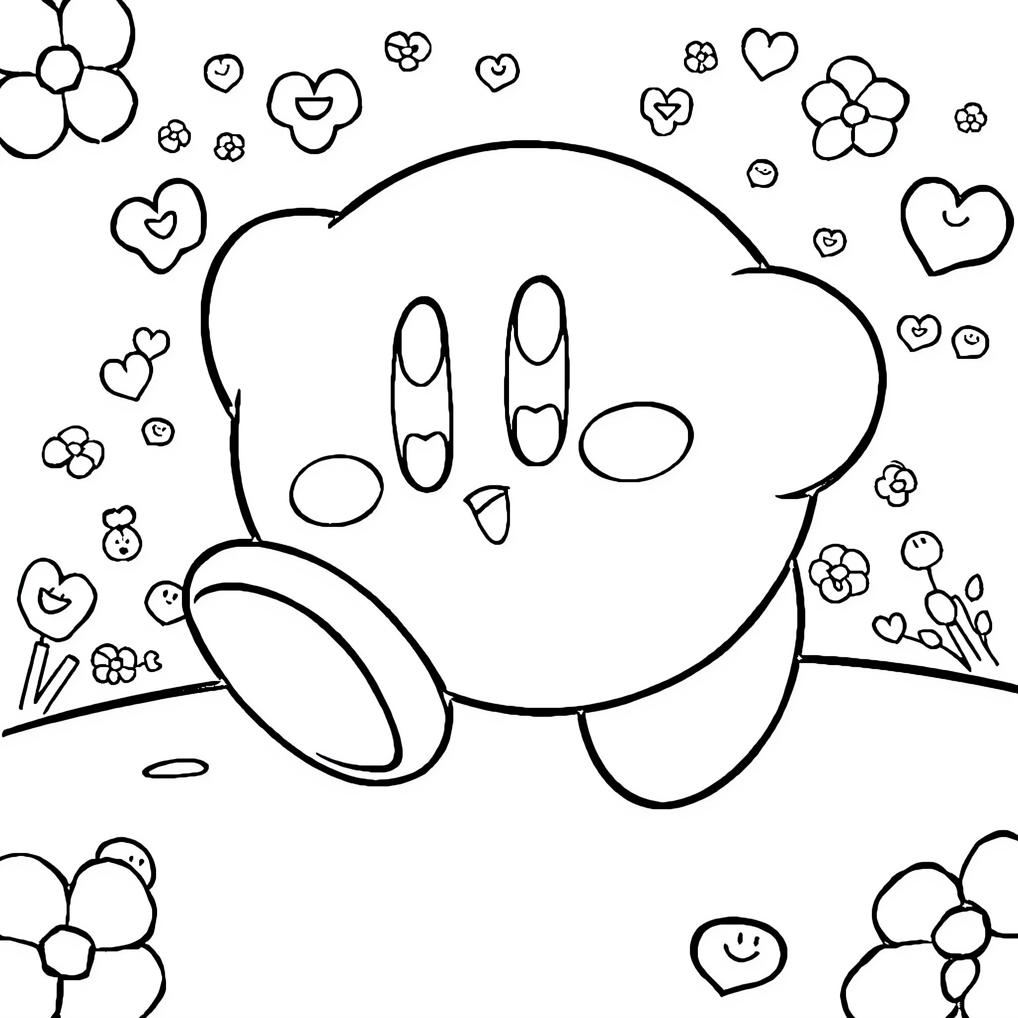 Kirby surrounded by whimsical floral elements Coloring Page (free black-and-white line drawing printable PDF for all, from beginners to advanced learners, including children, teens, adults, and seniors)